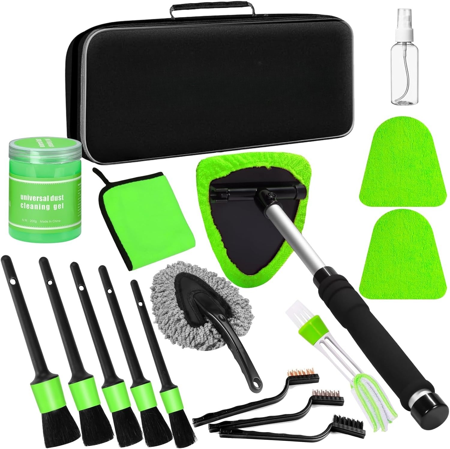 Green Windshield Cleaner Tool, 17Pcs Car Interior Cleaning Kit, Detailing Kit