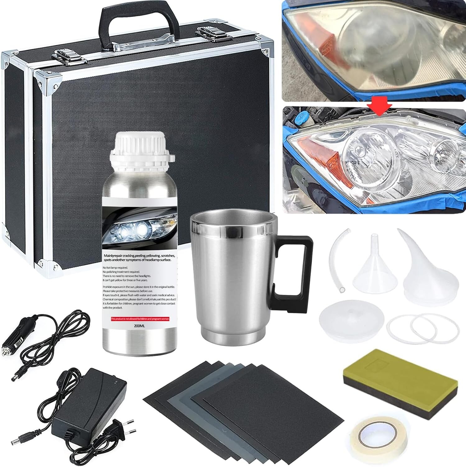 Kit de Reparación de Faros, Kit de Pulido para Faros de Auto con 200 ml de Líqui