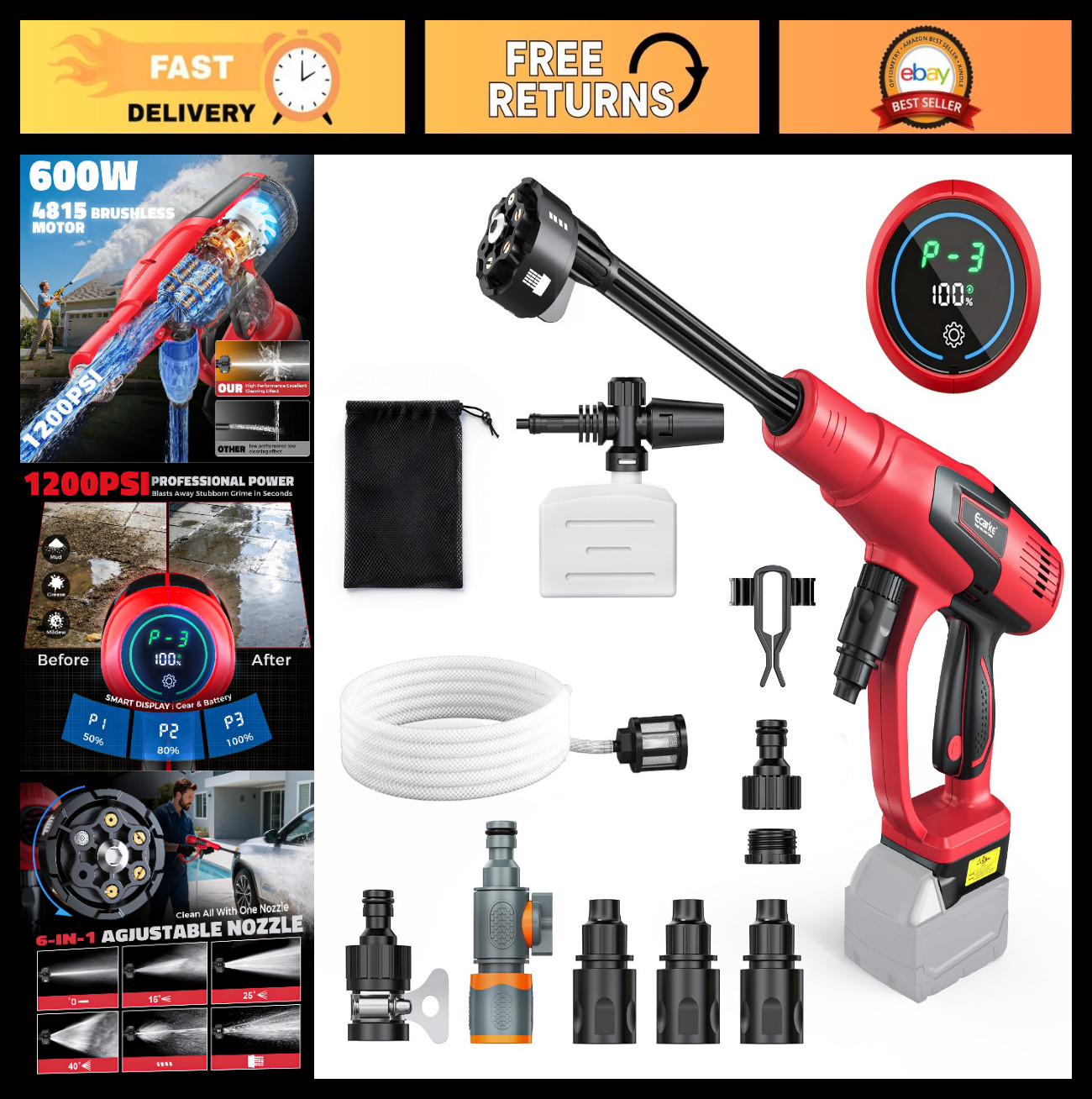 6-in-1 Foam Cannon Car Cleaning Tool, Compatible with Milwaukee 18V Battery, No