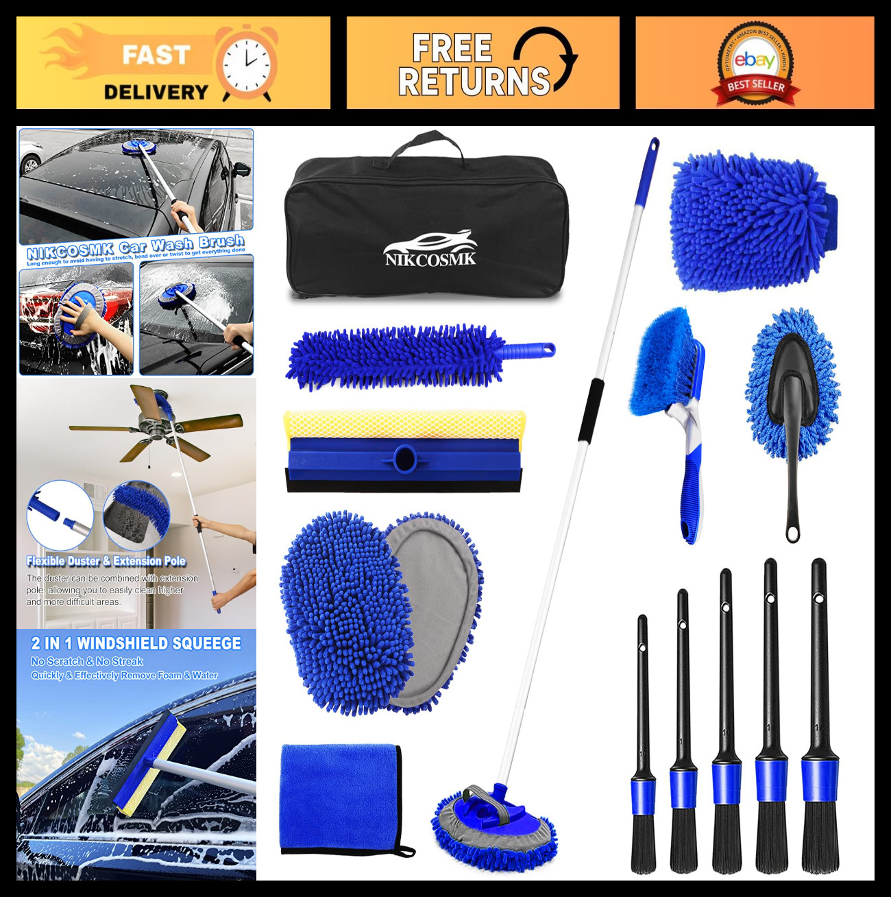 62″ Car Wash Brush Kit with Long Handle, Chenille Head, Squeegee & Detailing Too