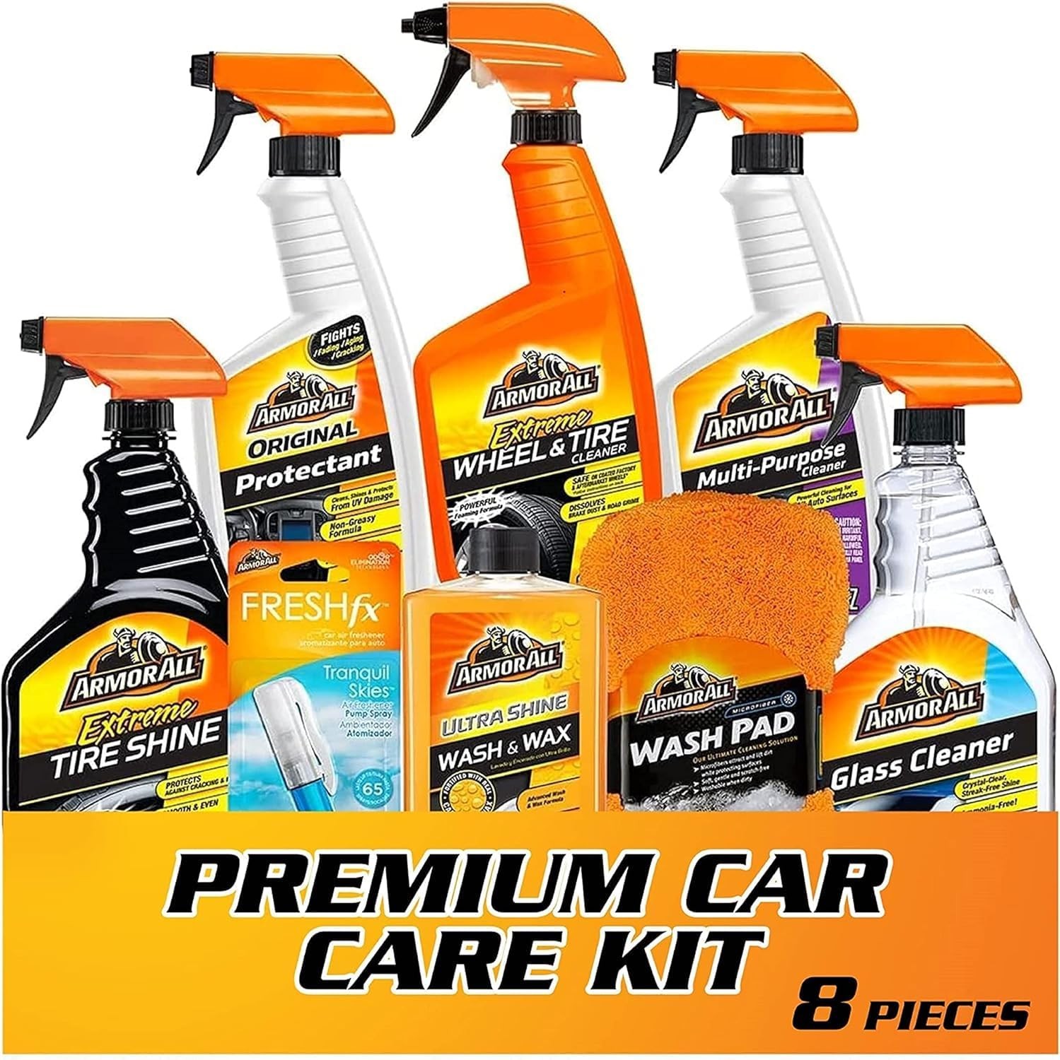 Kit cuidado auto 8pcs con cera limpiador vidrios llantas ambientador