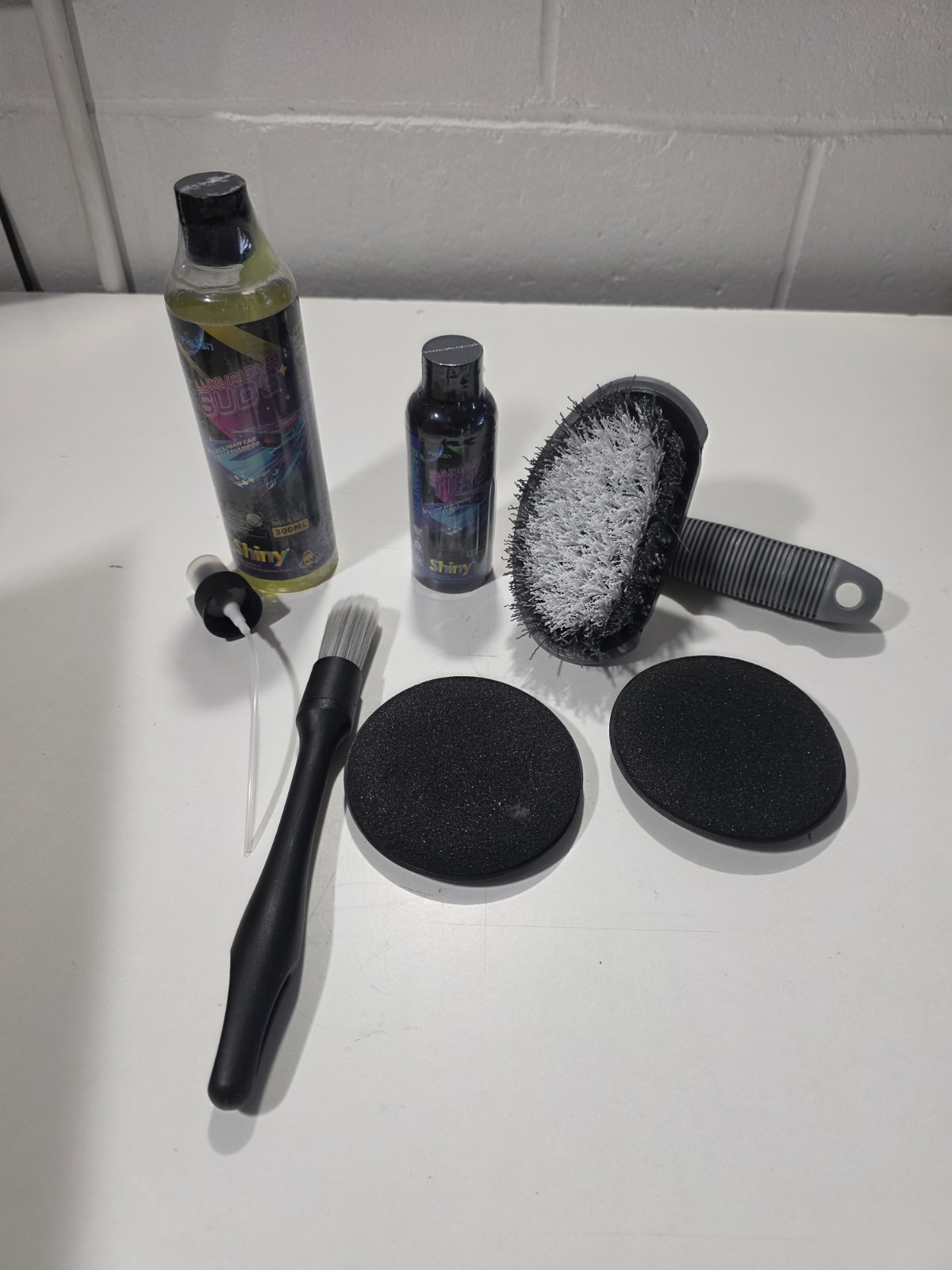 Phisan Shiny Car Care Detailing Kit – Wash Shampoo, Tire Shine, Brushes & Pads