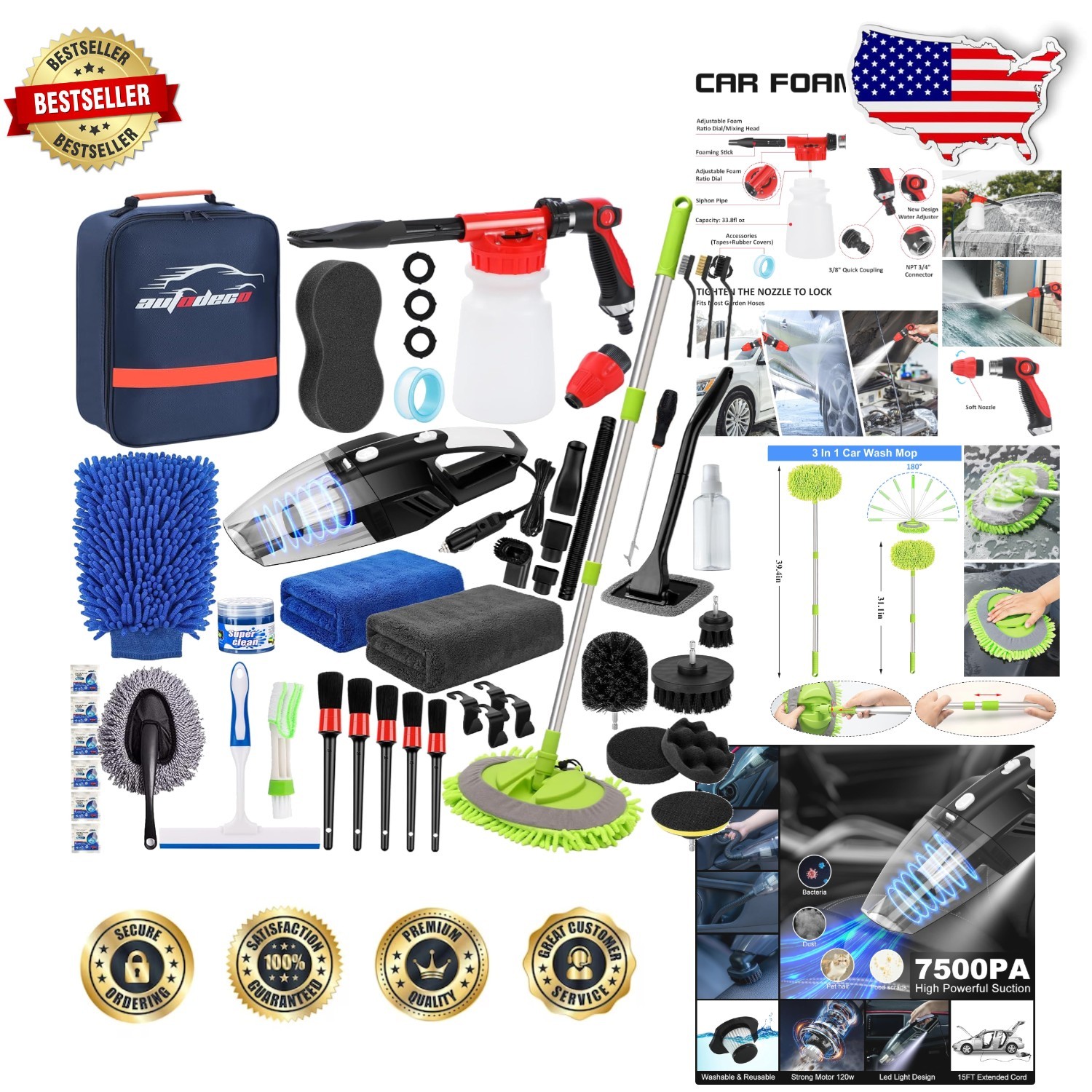 Deluxe 43pc Car Cleaning Kit: Mop, Foam Gun, Vacuum, Detailing Brushes