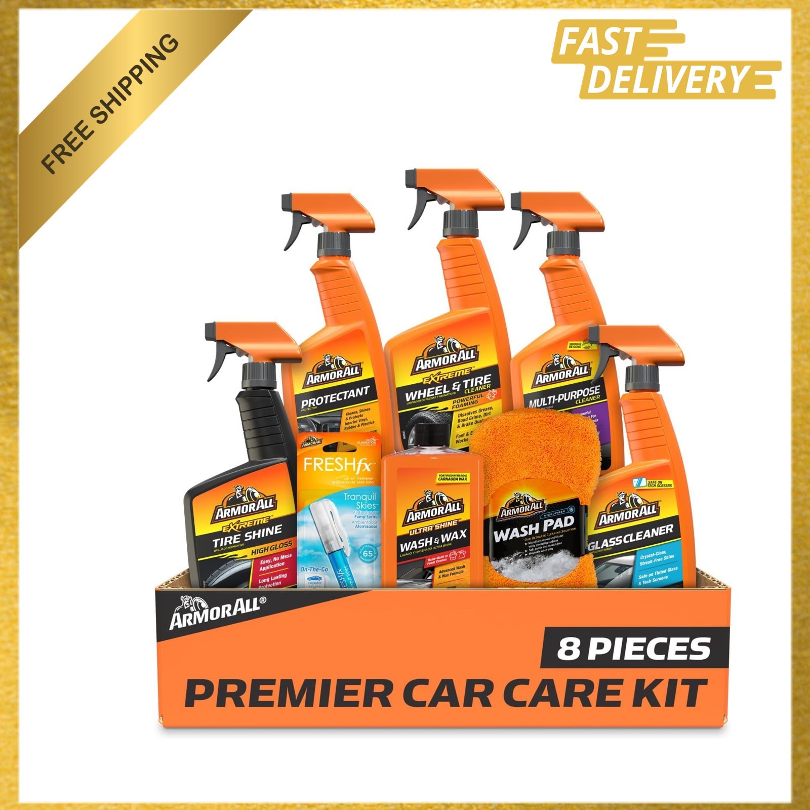 Armor All Car Care Kit 8 Piece Interior Exterior Cleaners Wax Wash Tire Glass