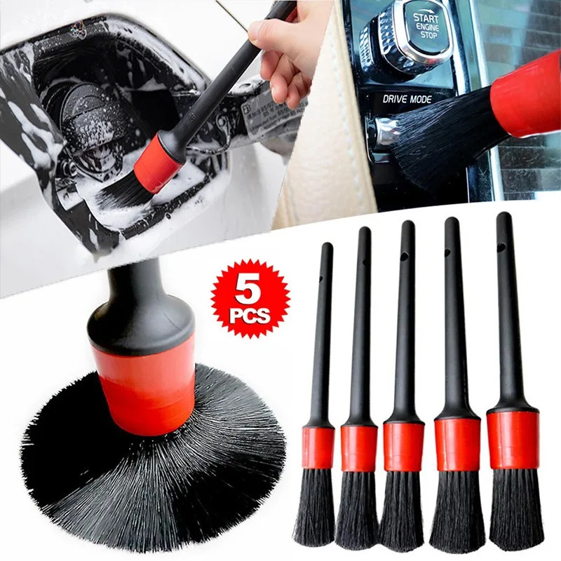 5PC Car Detailing Brush Kit Boar Hair Vehicle Auto Interior For Wheel Clean Sets