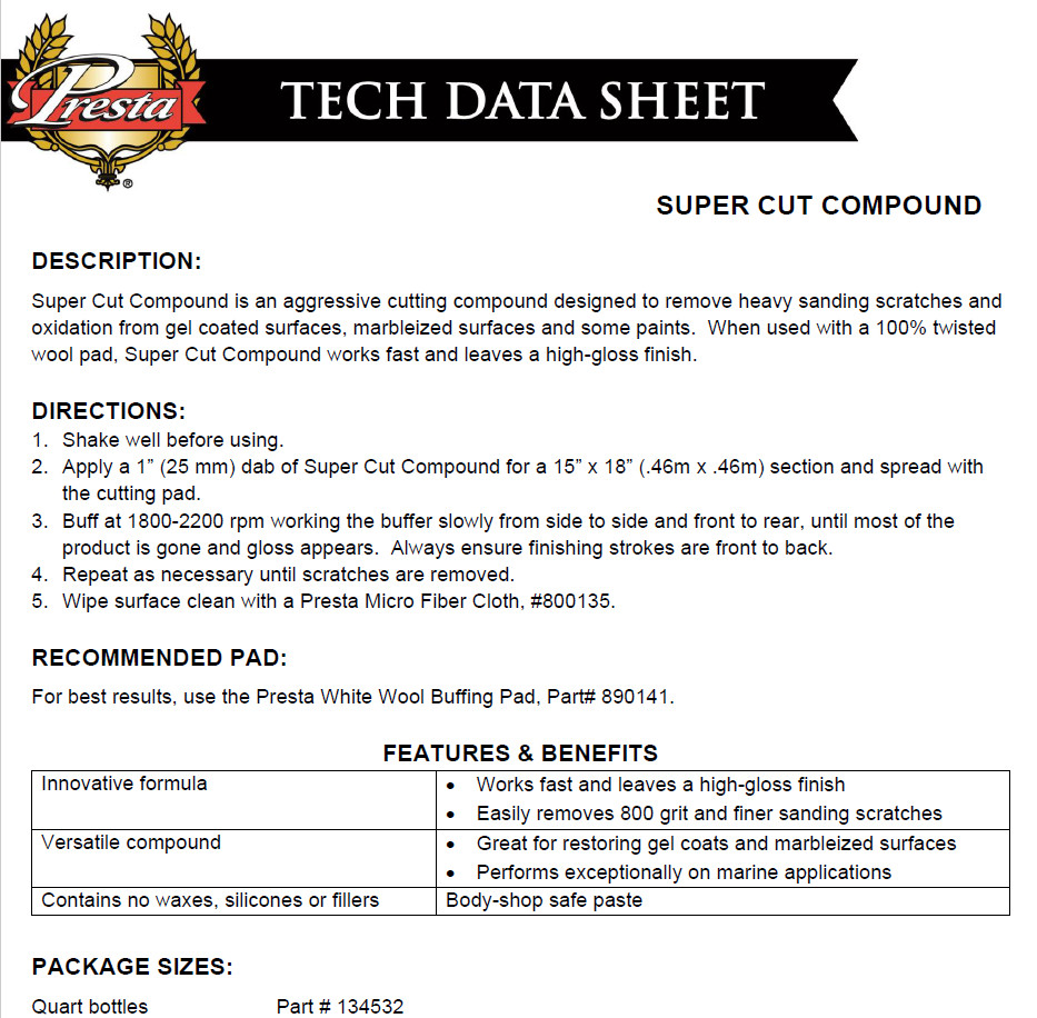 Presta Super Cut Compound 946ml 134532 VOC Great Car Compound Polish Detailing