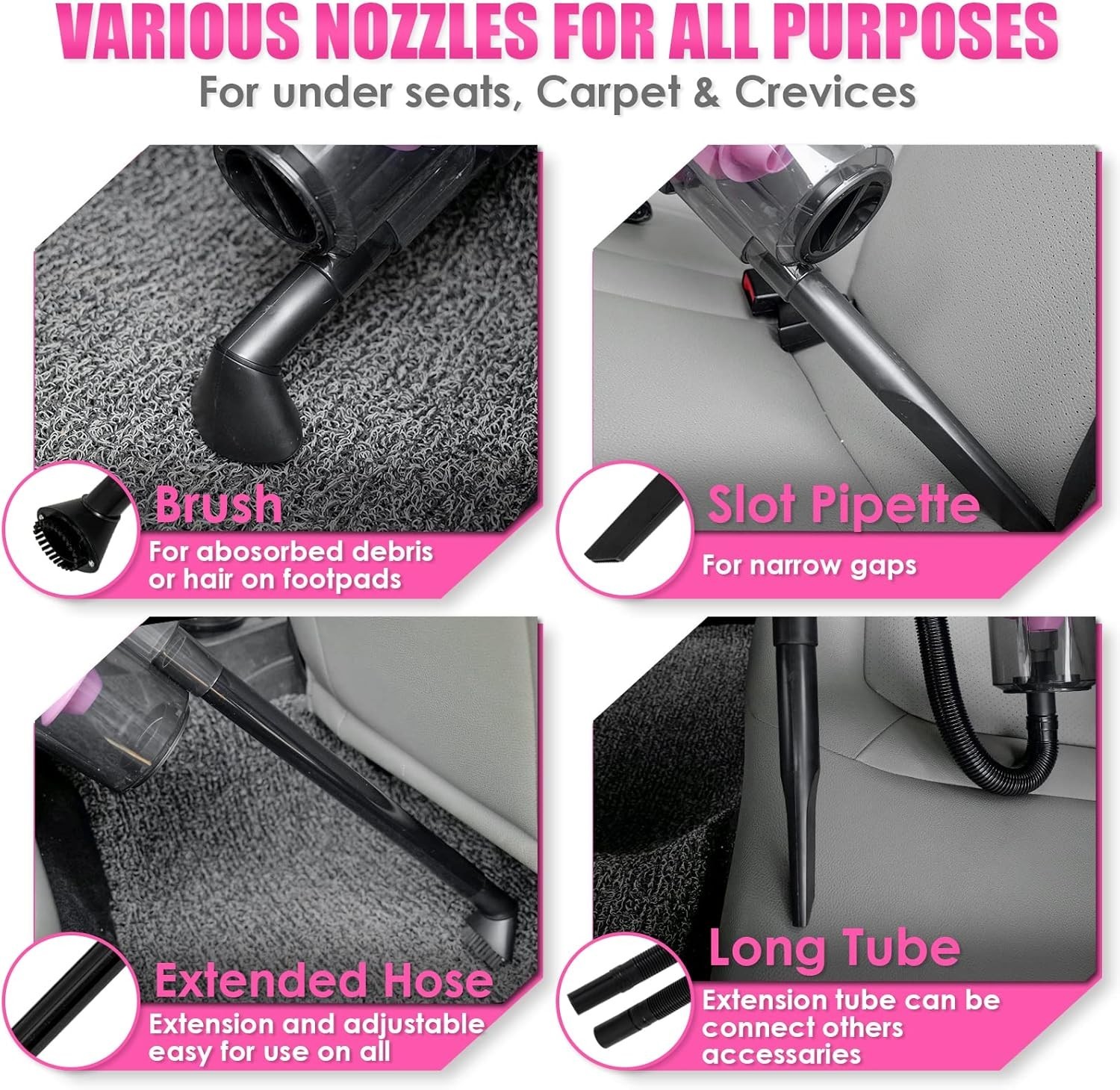 Stylish Pink Car Interior Cleaning Kit: 17-Piece Handheld Vacuum & Accessories