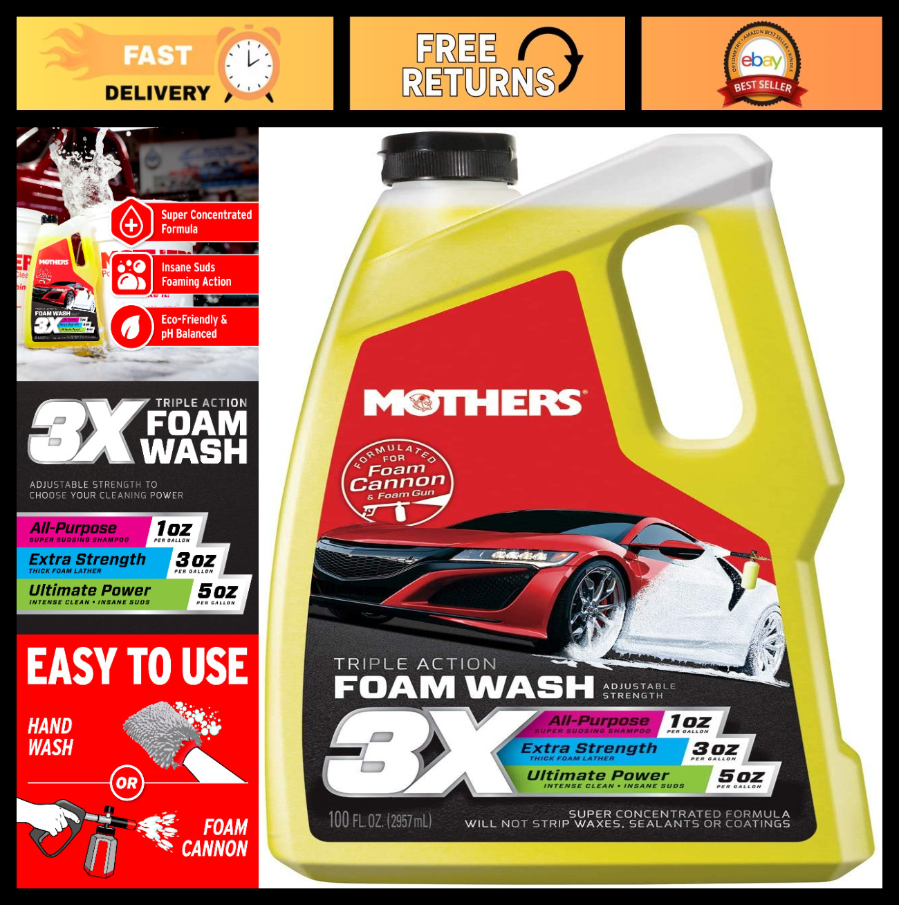 Triple Action Foam Wash 100 oz – pH Balanced, Eco-Friendly, Super Sudsy, Foam Ca