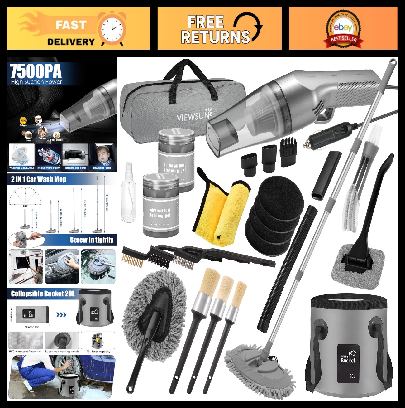 21Pcs Car Cleaning Kit – High Power Vacuum, Mop, Detailing Brushes, Bucket, Wind