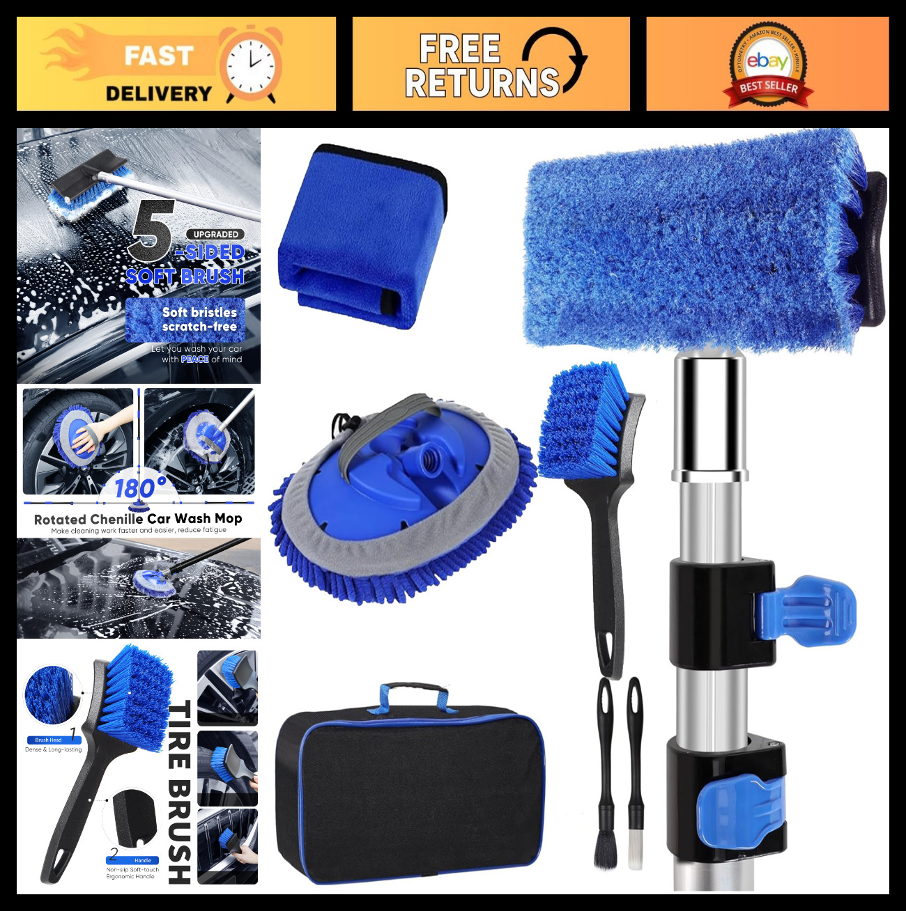 5-12ft Car Wash Kit – 8 Piece Telescopic Rod, Cleaning Brushes, Chenille Mop & T