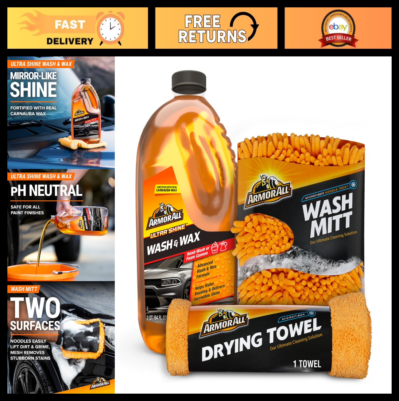 3-Piece Car Cleaning Kit – Ultra Shine Wash & Wax, Noodle Mitt, Microfiber Towel