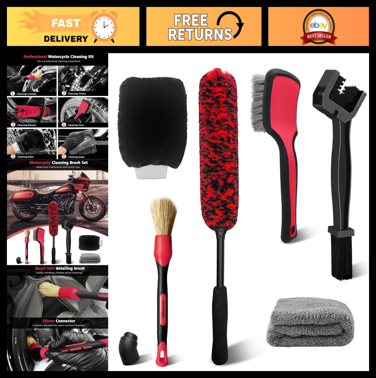 6PCS Motorcycle Cleaning Kit – Boar Hair Brush, Bendable Wheel Brush, Mitt & Tow