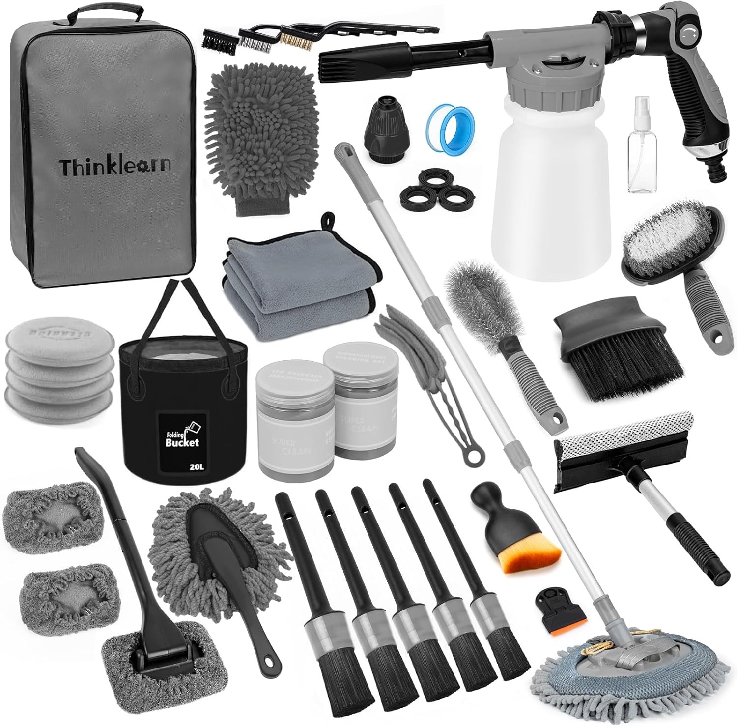 Car Wash Detailing Kit with Foam Gun Cleaning Set Brush ThinkLearn Long Handle