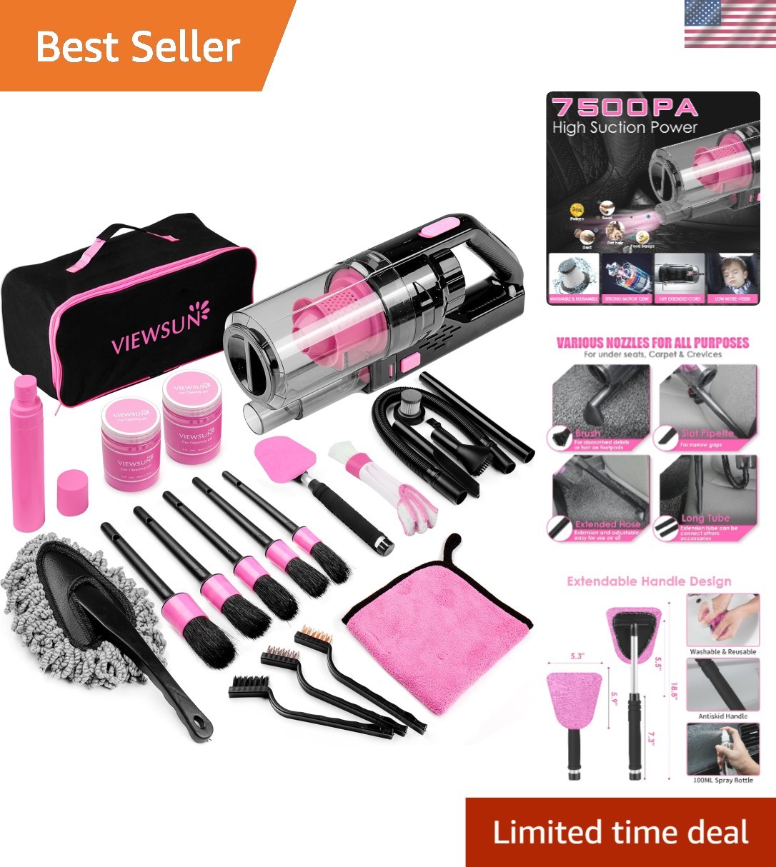 Stylish Pink Car Cleaning Set – 17 Accessories Including Vacuum and Brushes