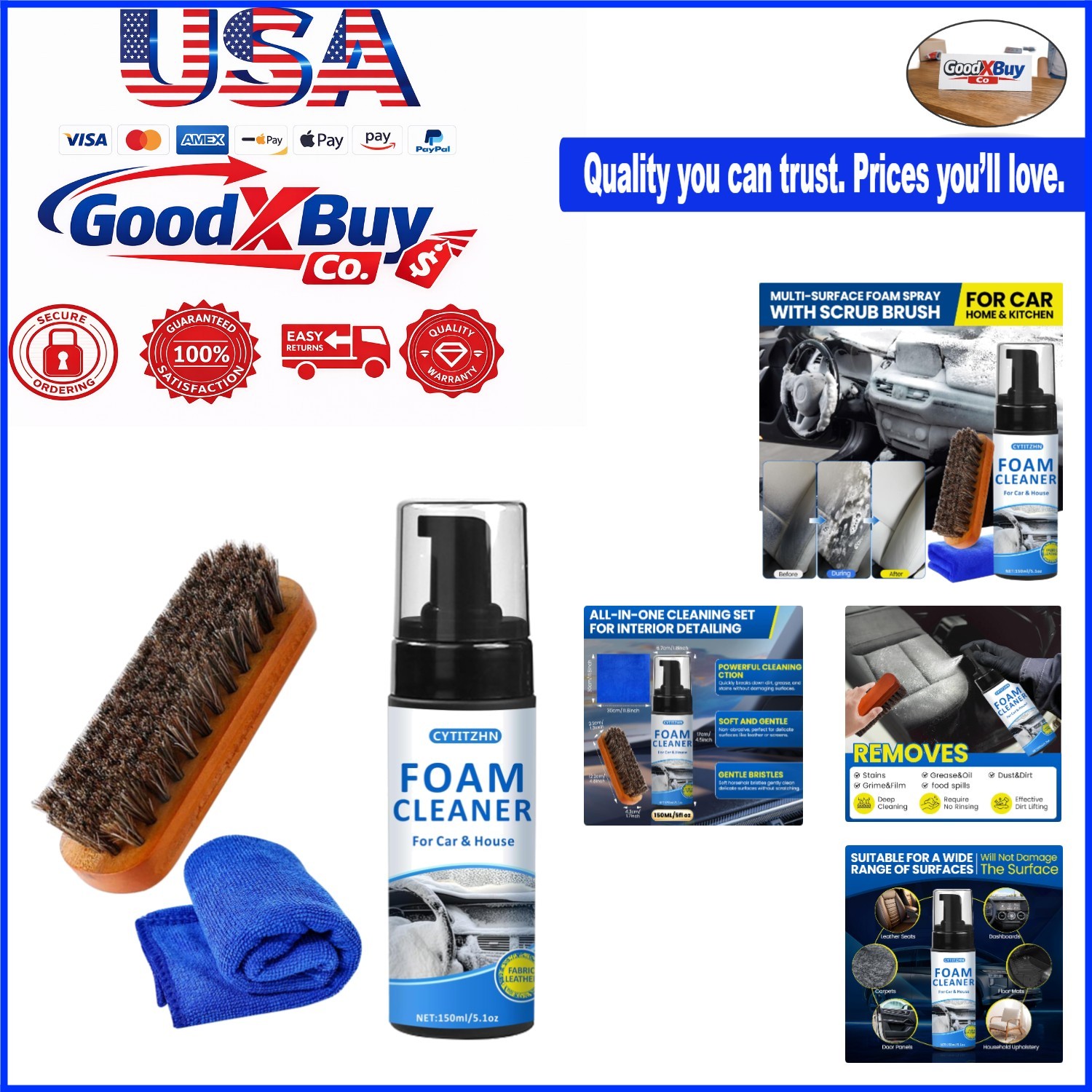 All-Purpose Car Interior Foam Cleaner Kit Deep Stain Remover Brush Towel 5oz