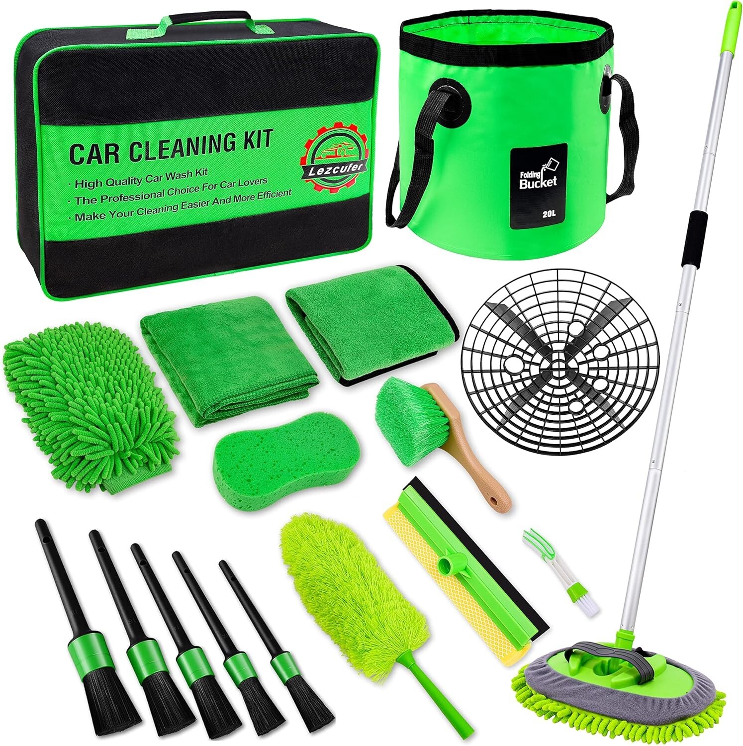 All-in-One Car Wash Kit – 17 Piece Set Featuring 62″ Brush & Interior Detailing