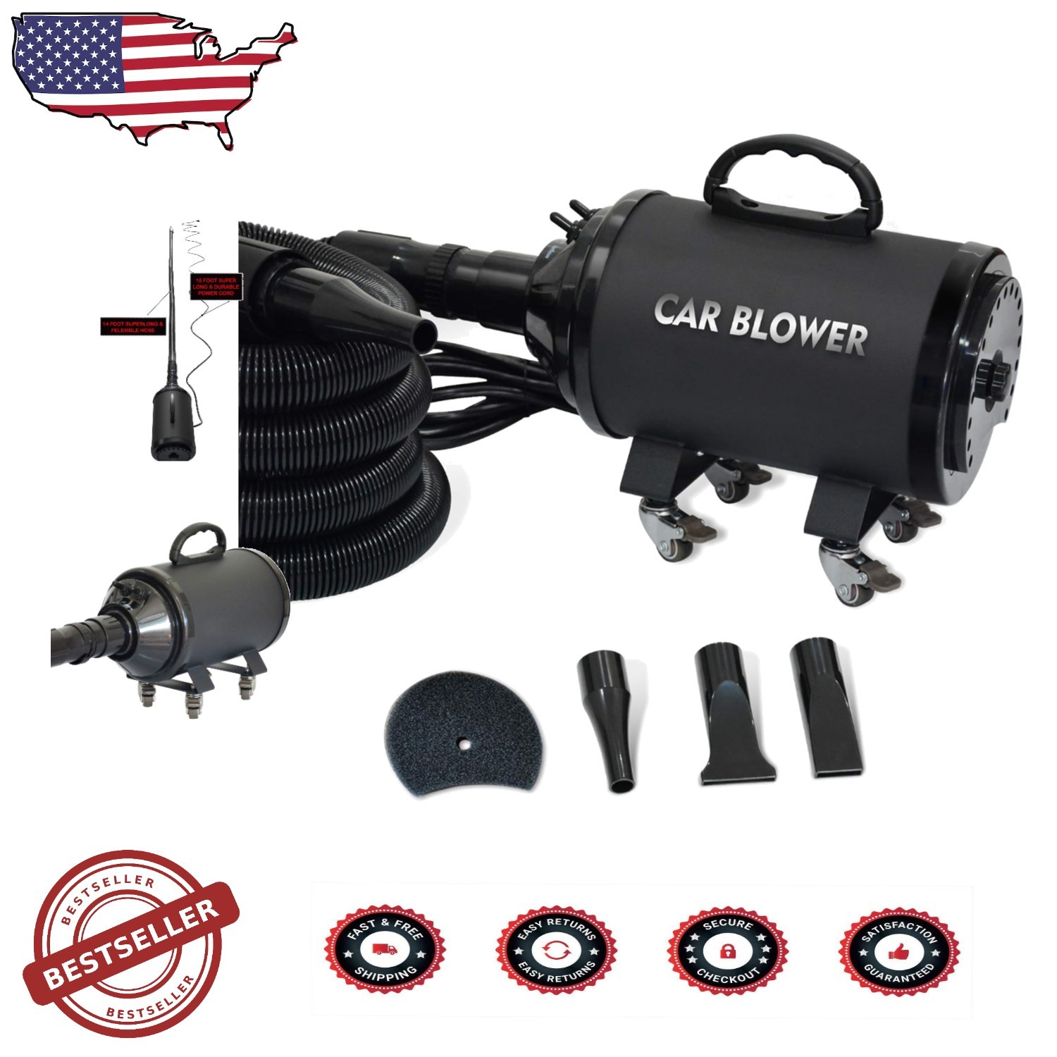 Powerful Car Motorcycle Dryer 2800W 14ft Hose Auto Detailing Blower Wheels
