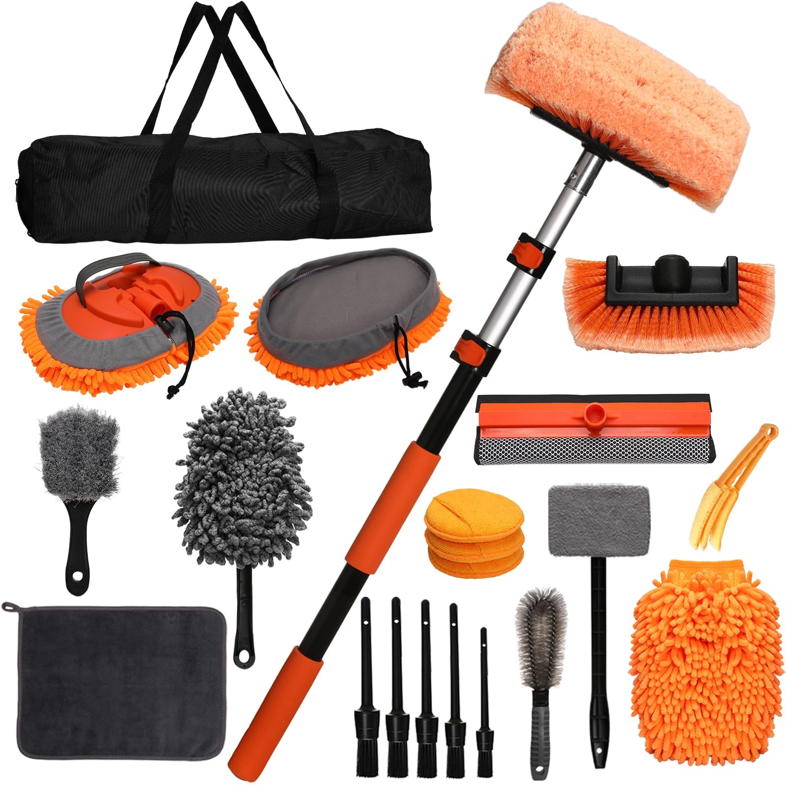 PuliKit 21Pcs Car Wash Kit with 60″ Heavy-Duty Extension Pole, Soft Orange