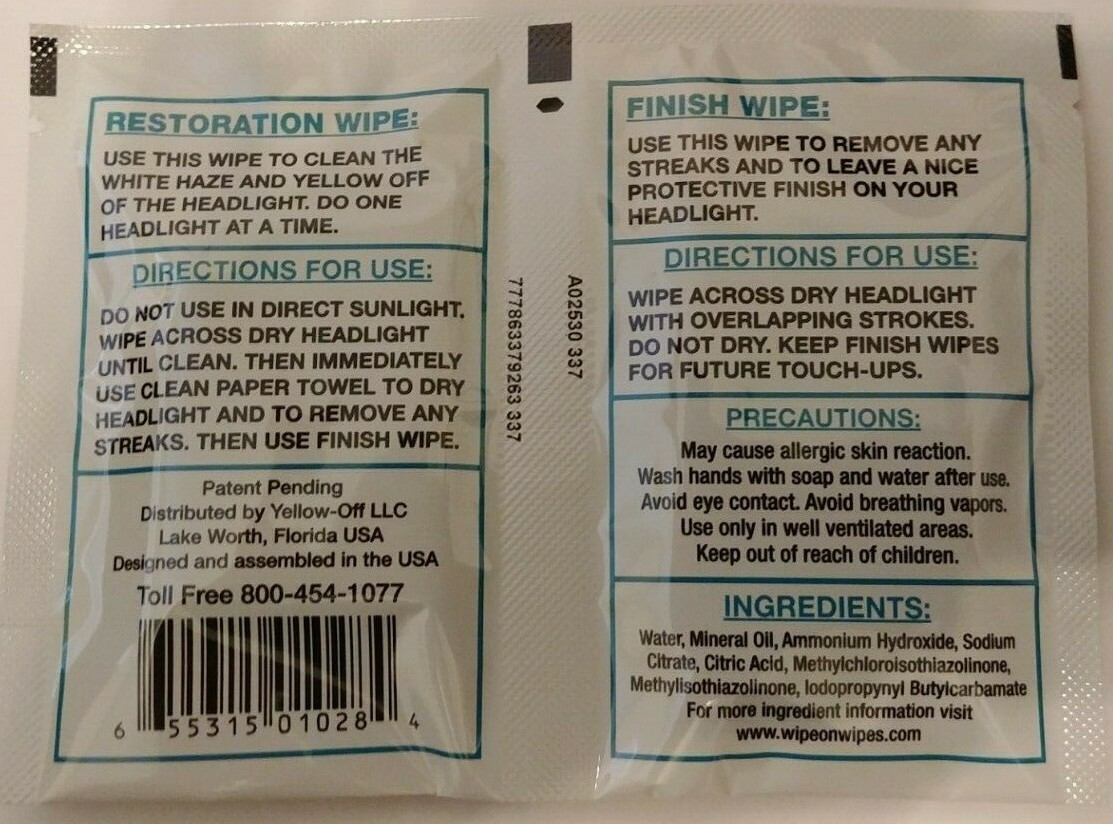 WIPE ON WIPES YELLOW OFF HEADLIGHT CLEANER & RESTORATION WIPES (5 SETS OF WIPES)