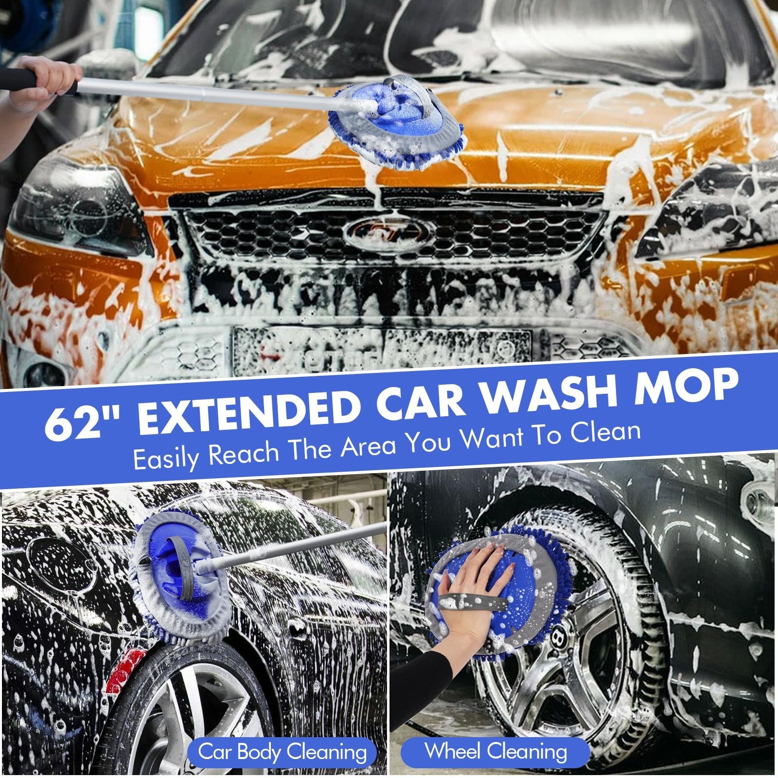 62” Long Handle Car Wash Brush Kit – Scratch-Free Mop, Tire Brush, Mitt & Squee