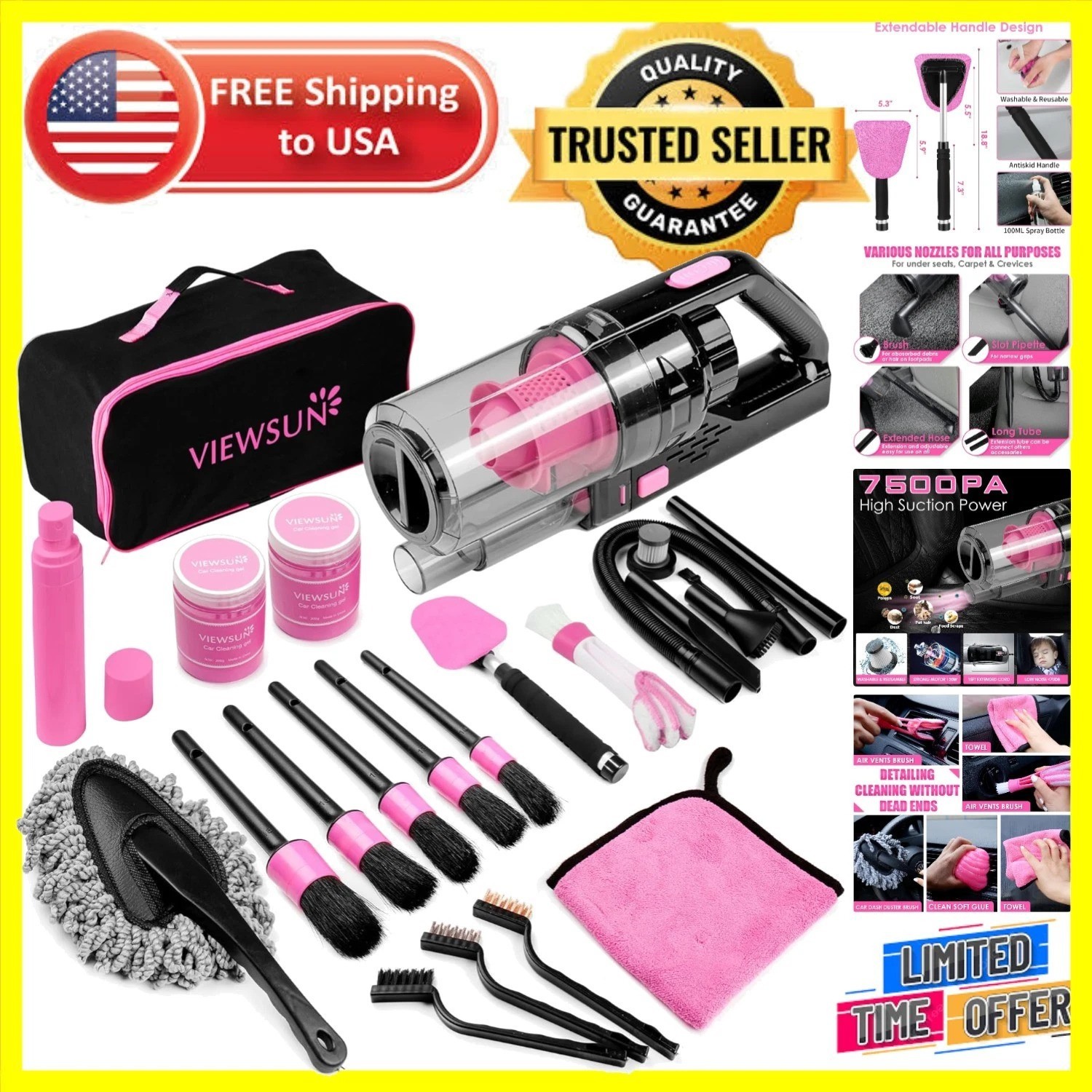 17-Piece Pink Car Cleaning Kit with High Power Vacuum – Perfect Women’s Gift
