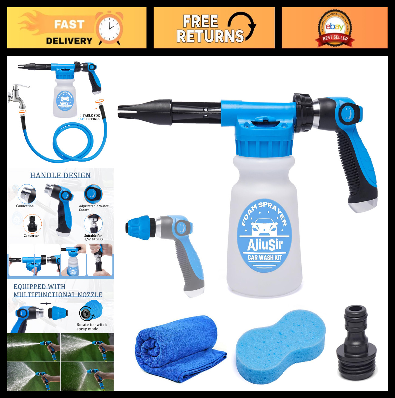 Foam Gun Car Wash Sprayer Kit with Sponge & Towel, Hose Nozzle Foam Cannon for C