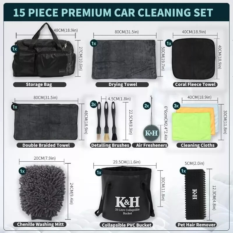 K&H Supreme Interior & Exterior Car Cleaning Detailing Kit 15 Pieces Gift Set UK