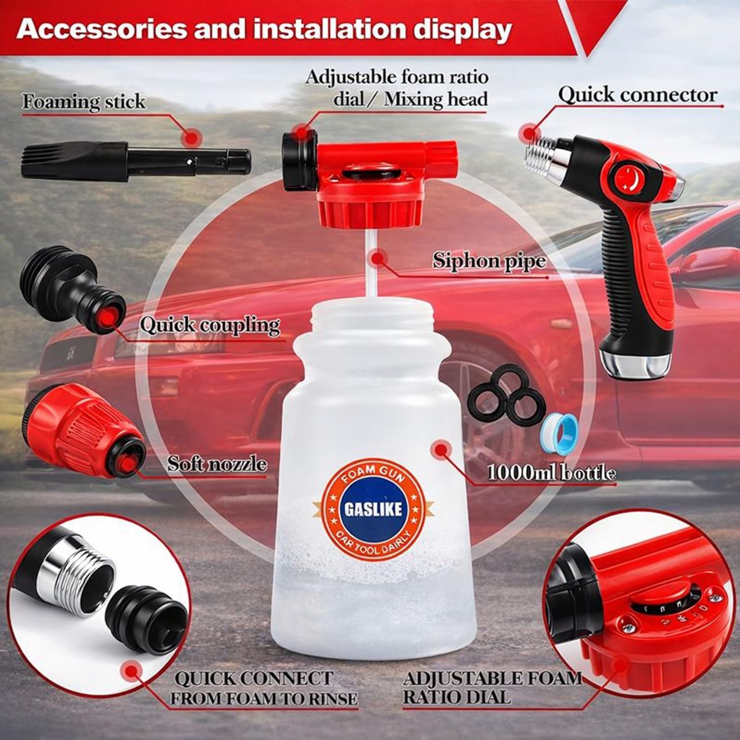 56Pcs Car Wash Cleaning Kit – Foam Gun, Long Handle Brush, Wheel Brush & Hose Sp