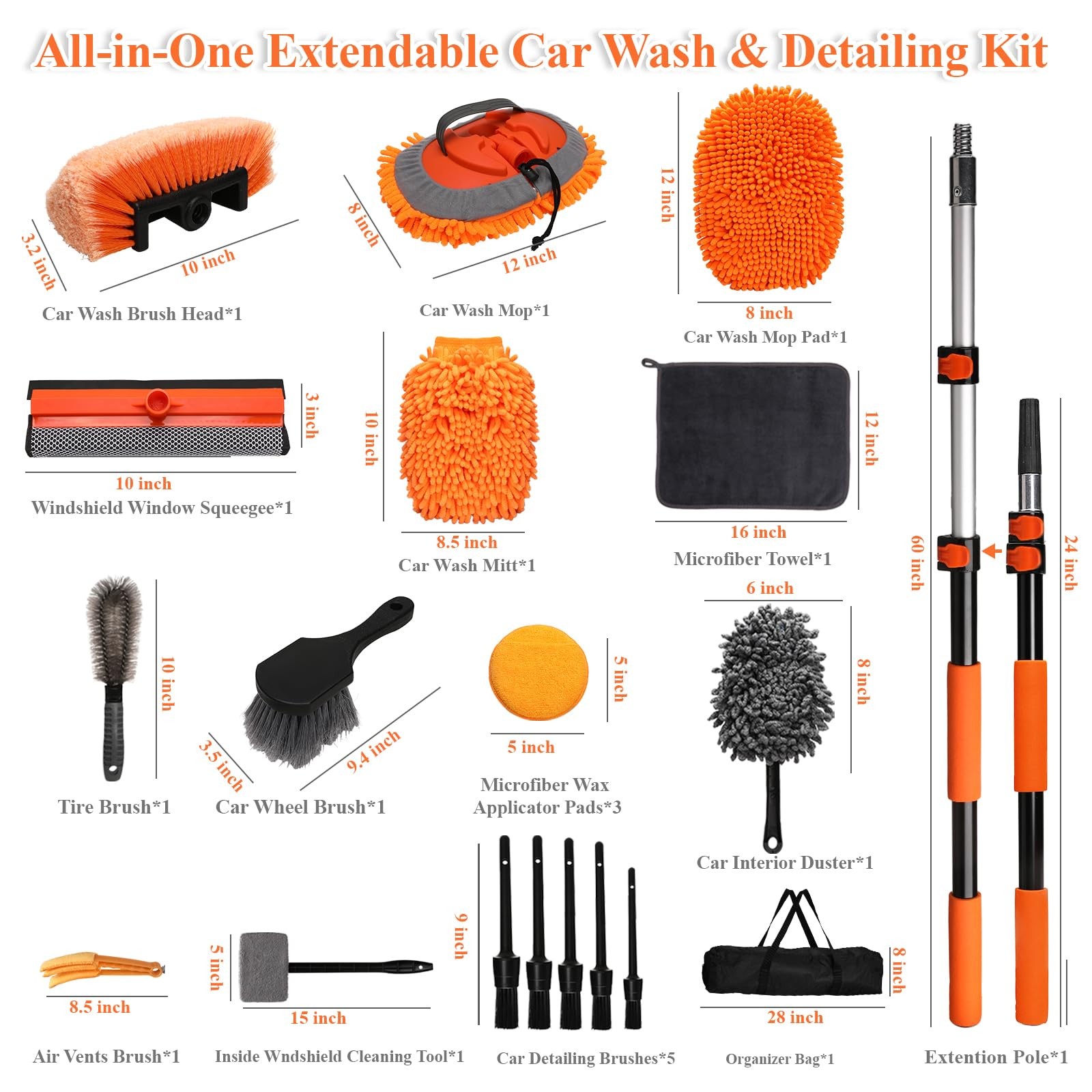PuliKit 21Pcs Car Wash Kit with 60″ Heavy-Duty Extension Pole, Soft Orange