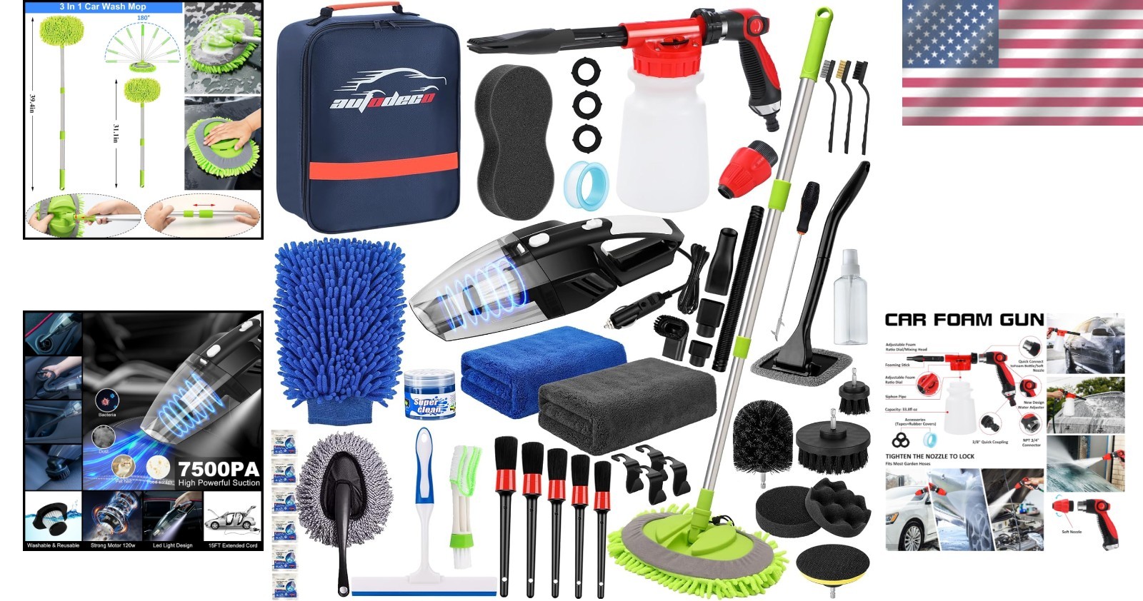 Deluxe 43pc Car Cleaning Kit: Mop, Foam Gun, Vacuum, Detailing Brushes