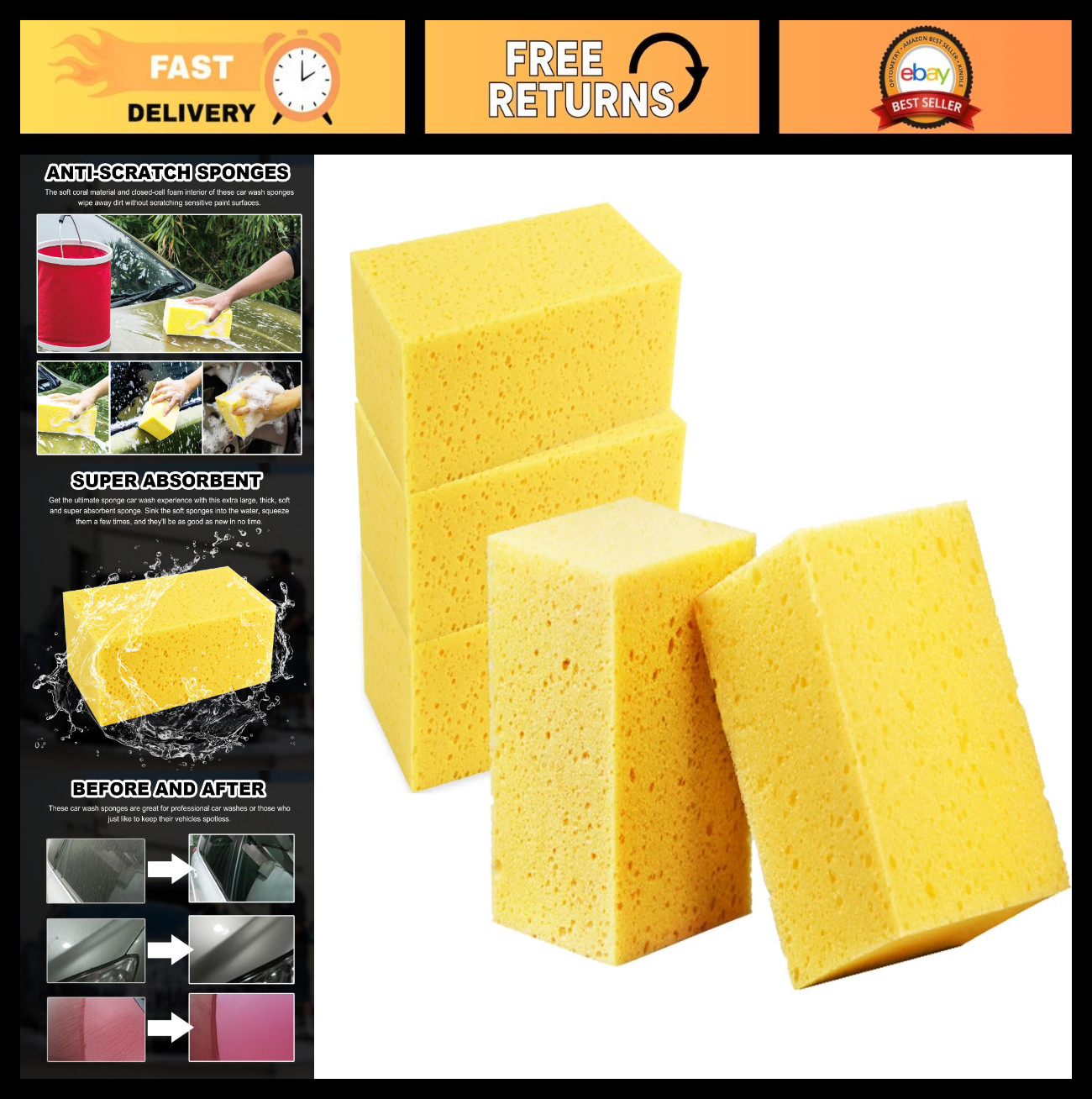 5PCS Large Soft Coral Car Wash Sponges – Non-Scratch Foam Pads for Sensitive Sur