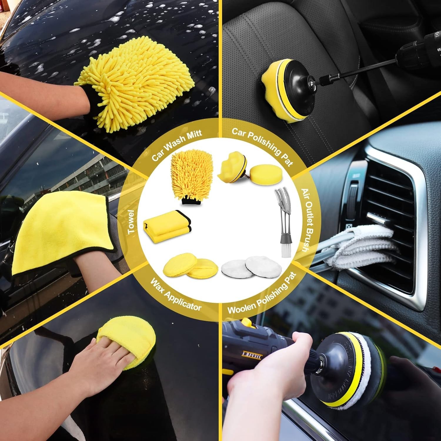 Ultimate 27-Pcs Car Wash Kit: Drill Brushes, Towels & More for Spotless Cleaning