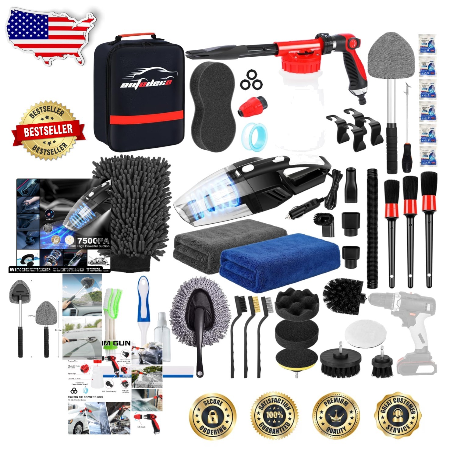 Deluxe 40-Piece Auto Detailing Kit: Foam Gun, High-Suction Vacuum, Mitts