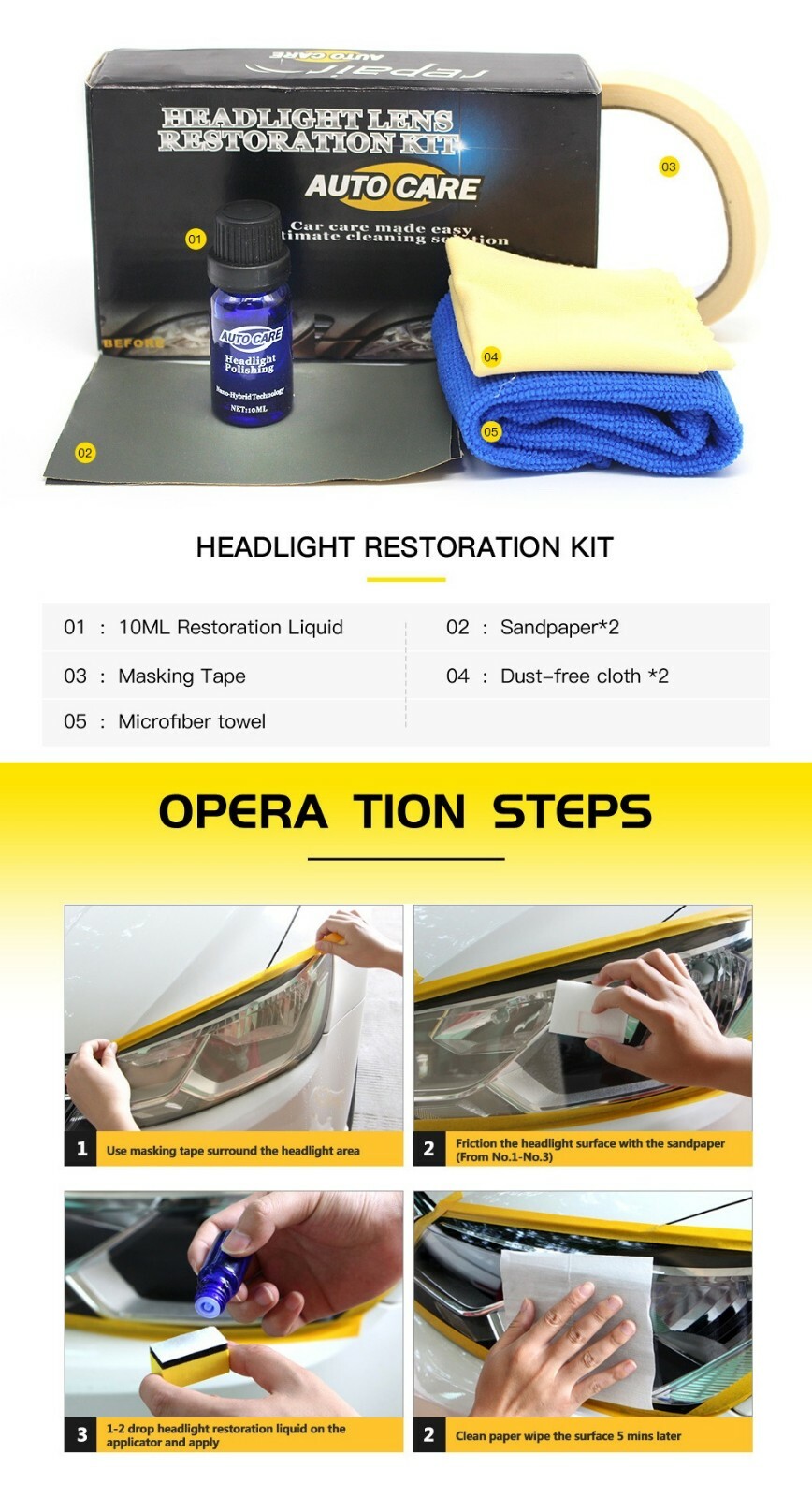 300ml Headlight Restoration Polishing Kit Headlamp Restorer Polish Kit DIY 4 Car