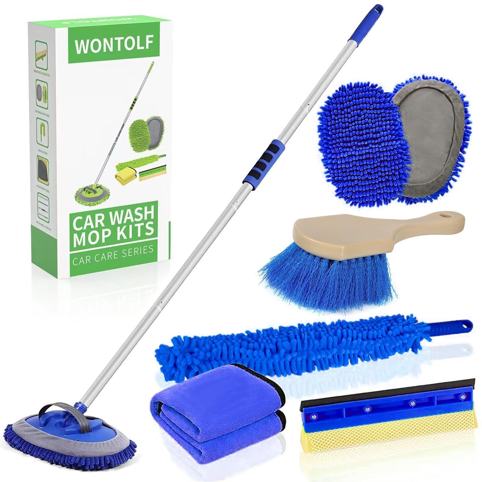 62” Car Wash Brush with Long Handle, Chenille Microfiber Mop, Squeegee & Towels