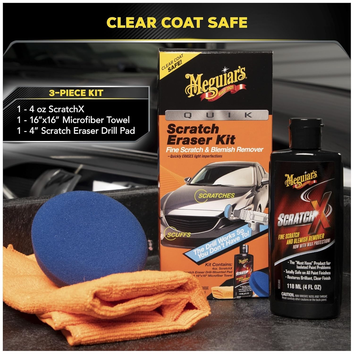 Drill-Mounted Car Scratch Eraser Kit with Microfiber Towel – Clear Coat Safe