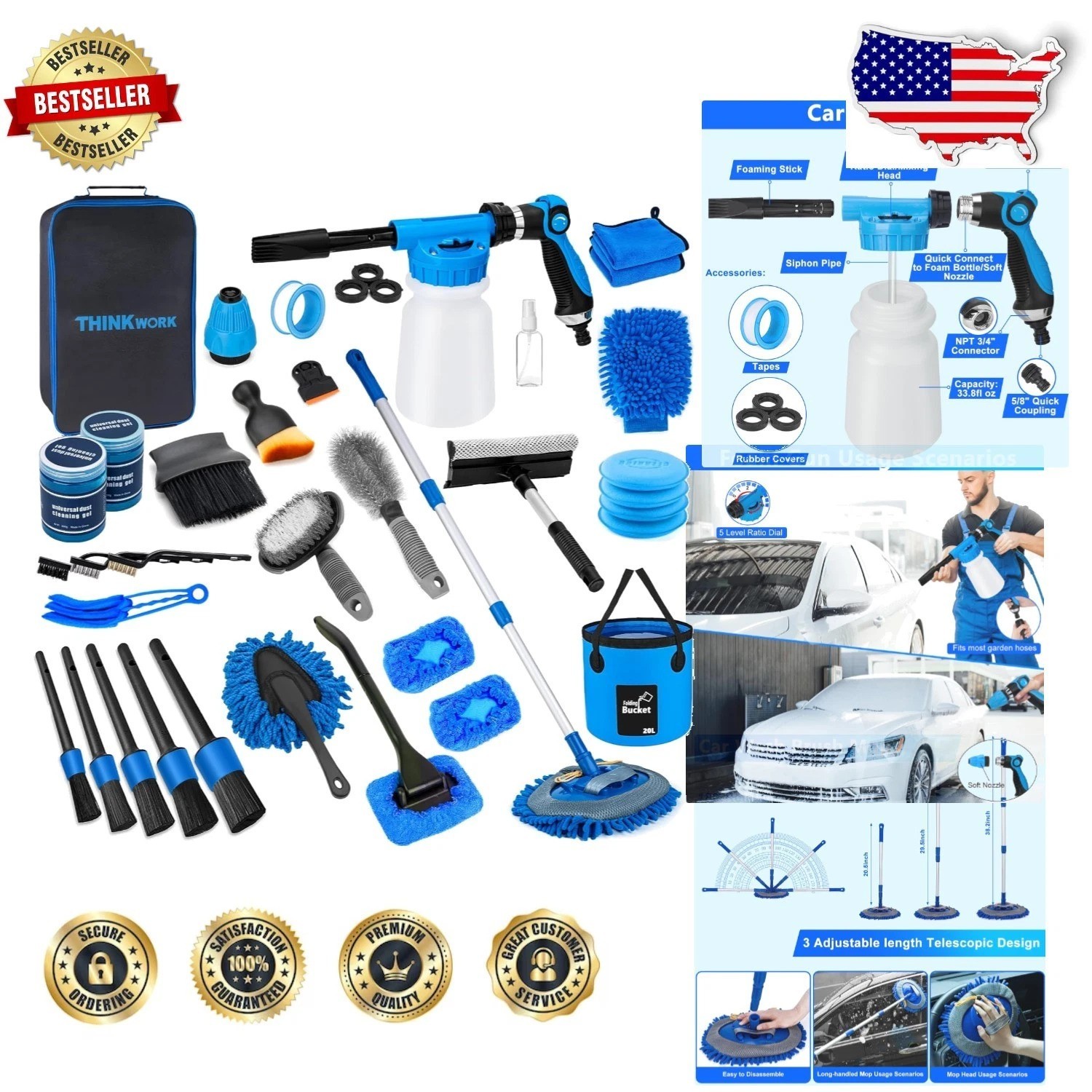 Deluxe Auto Wash Set: Foam Sprayer, Large Bucket, Interior Brushes