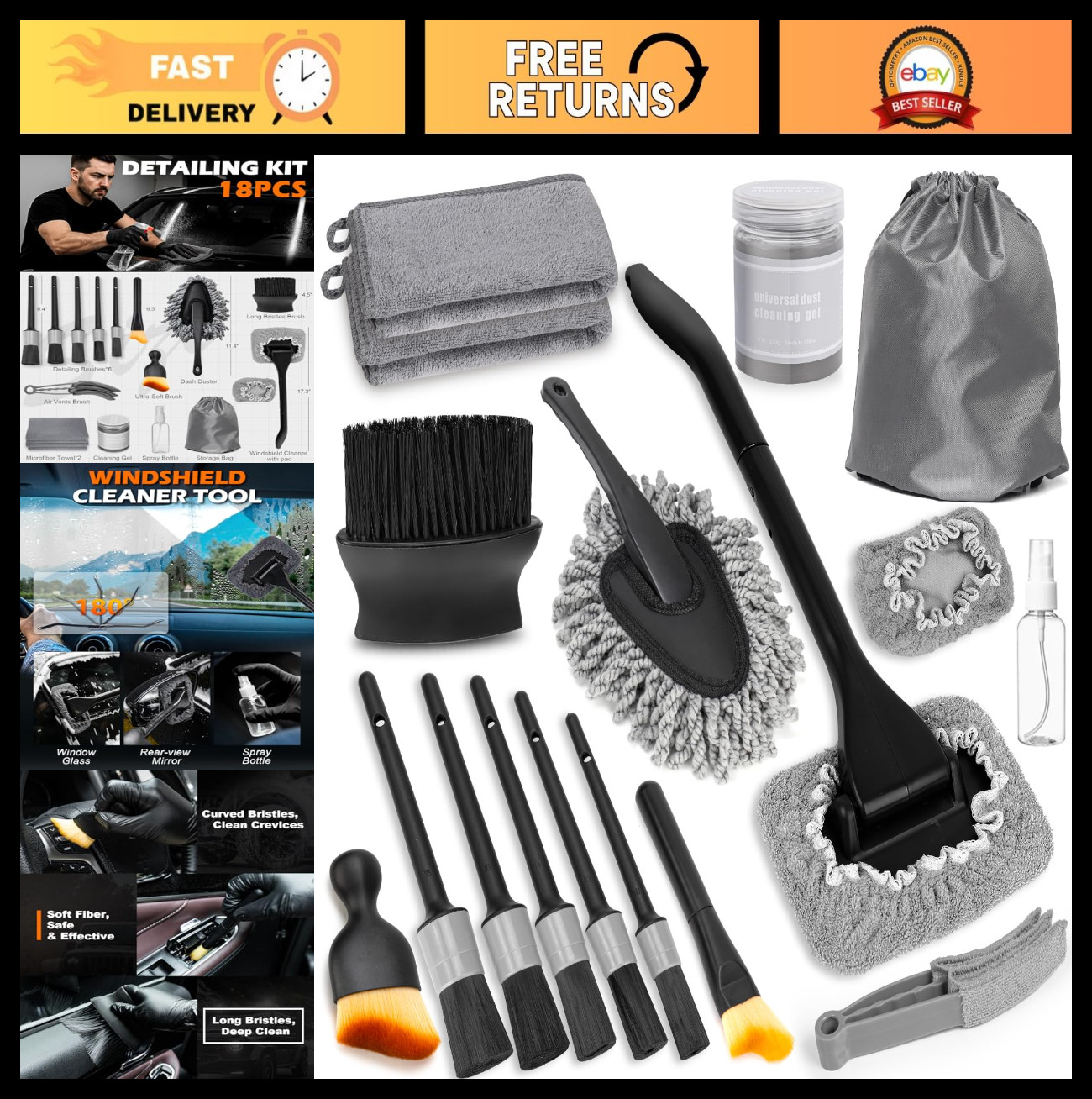 18-Piece Car Interior Cleaning Kit – Windshield Cleaner Tool, Microfiber Pads &