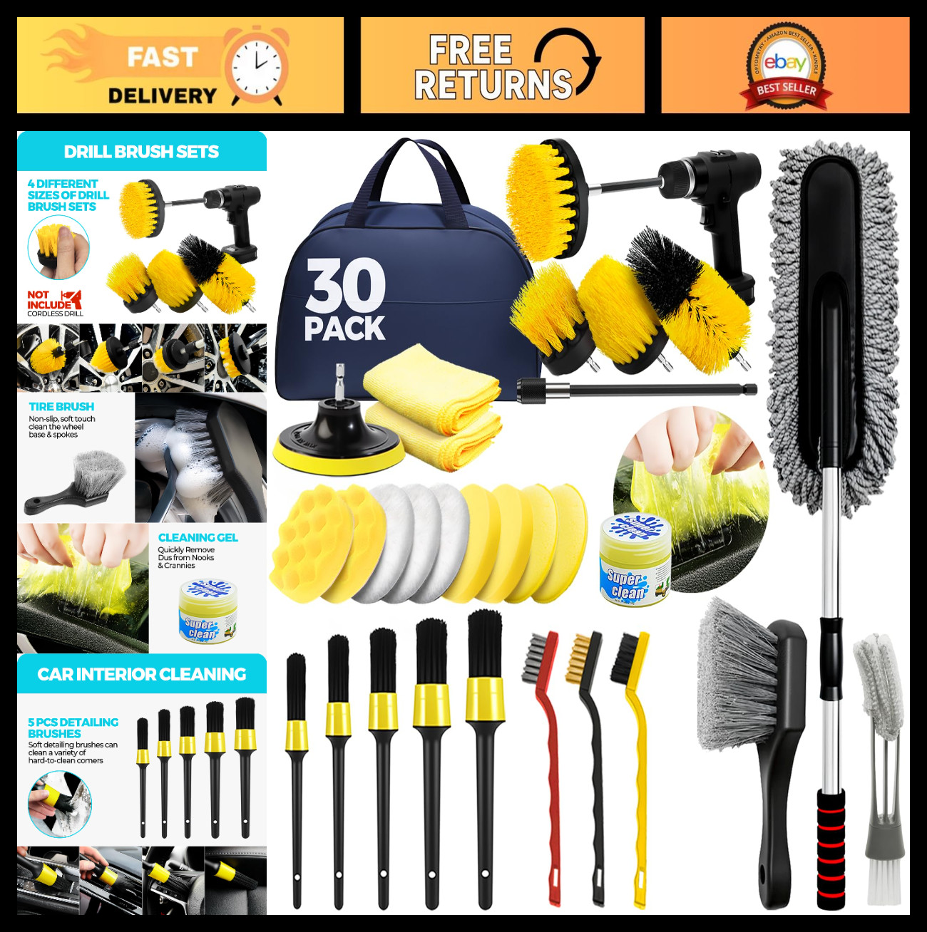 30Pcs Car Detailing Kit – Brushes, Dusters, Cleaning Gel & Tools for Interior/Ex