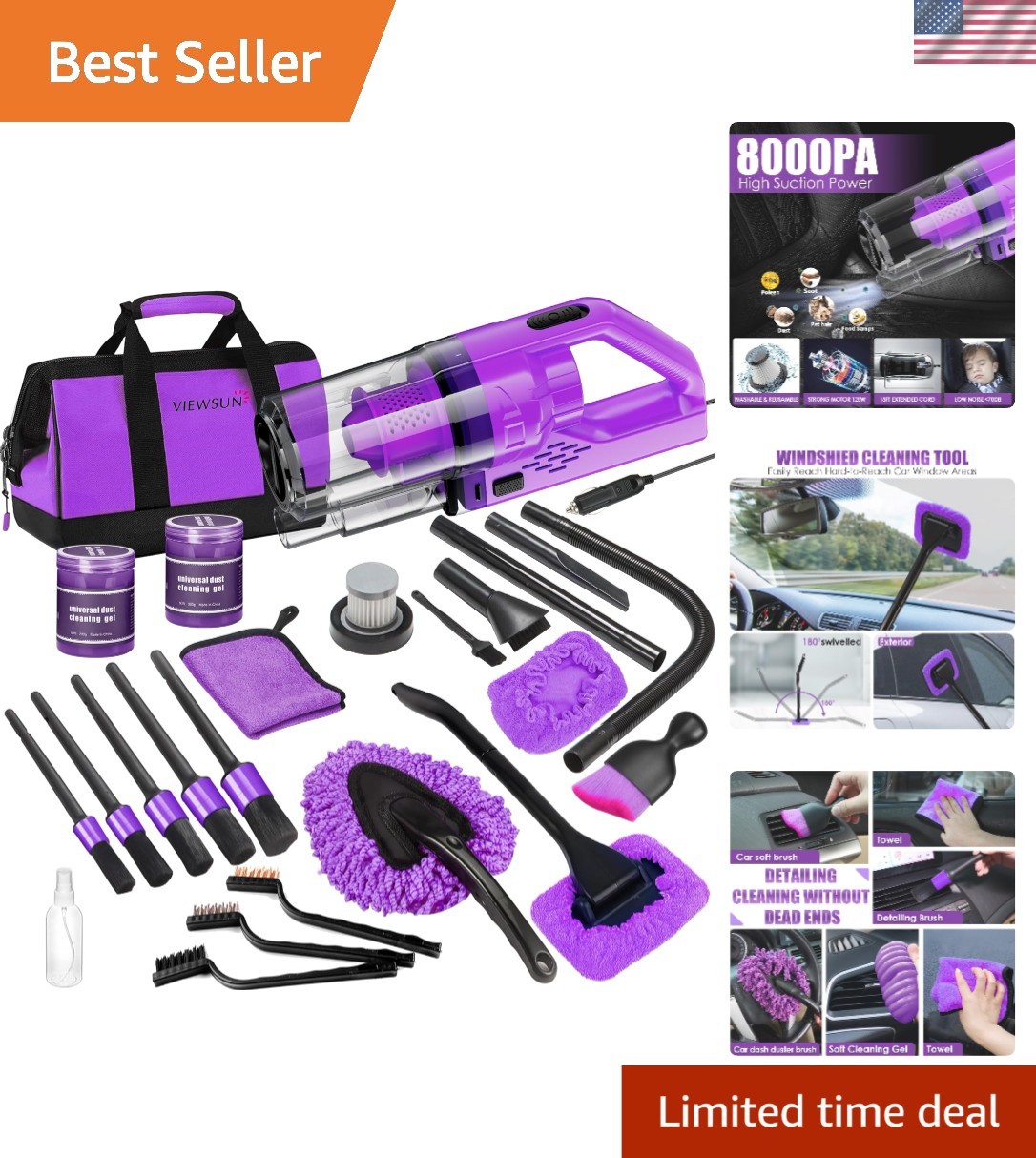 High Power 17PC Car Cleaning Kit with Portable Vacuum & Accessory Set – Purple