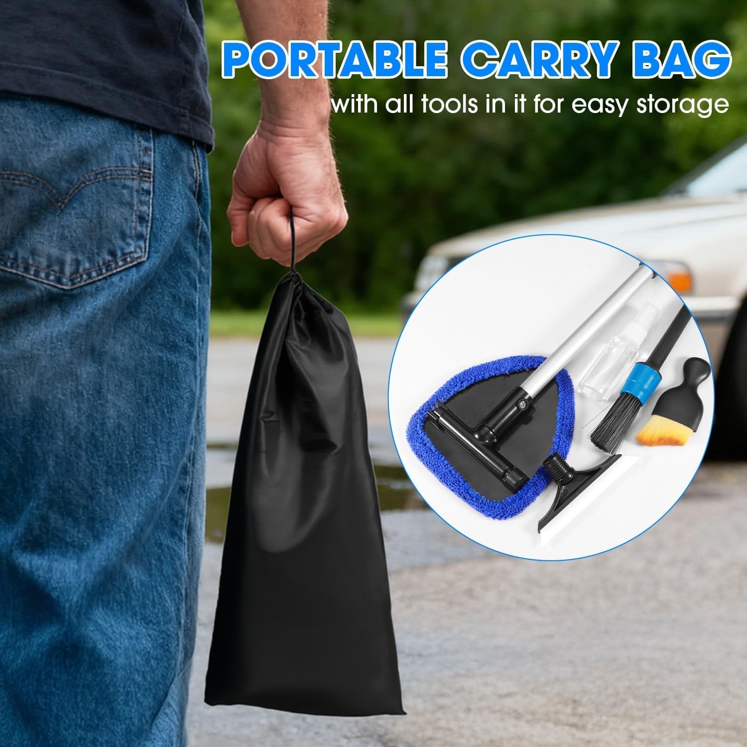 Windshield Cleaner Tool, Car Cleaning Kit, Extendable Handle, 3 Microfiber Pads