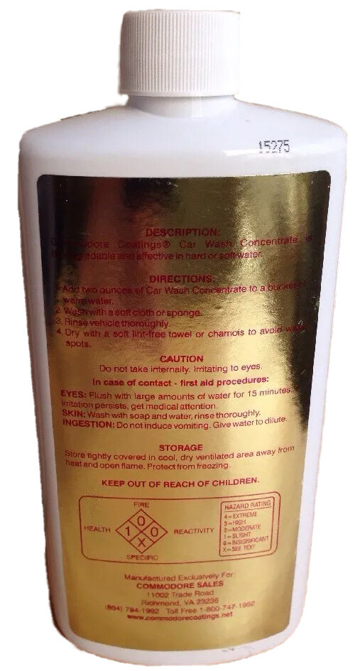 COMMODORE COATINGS AUTOMOBILE CAR WASH CONCENTRATE, 16 OUNCE BOTTLE, NEW