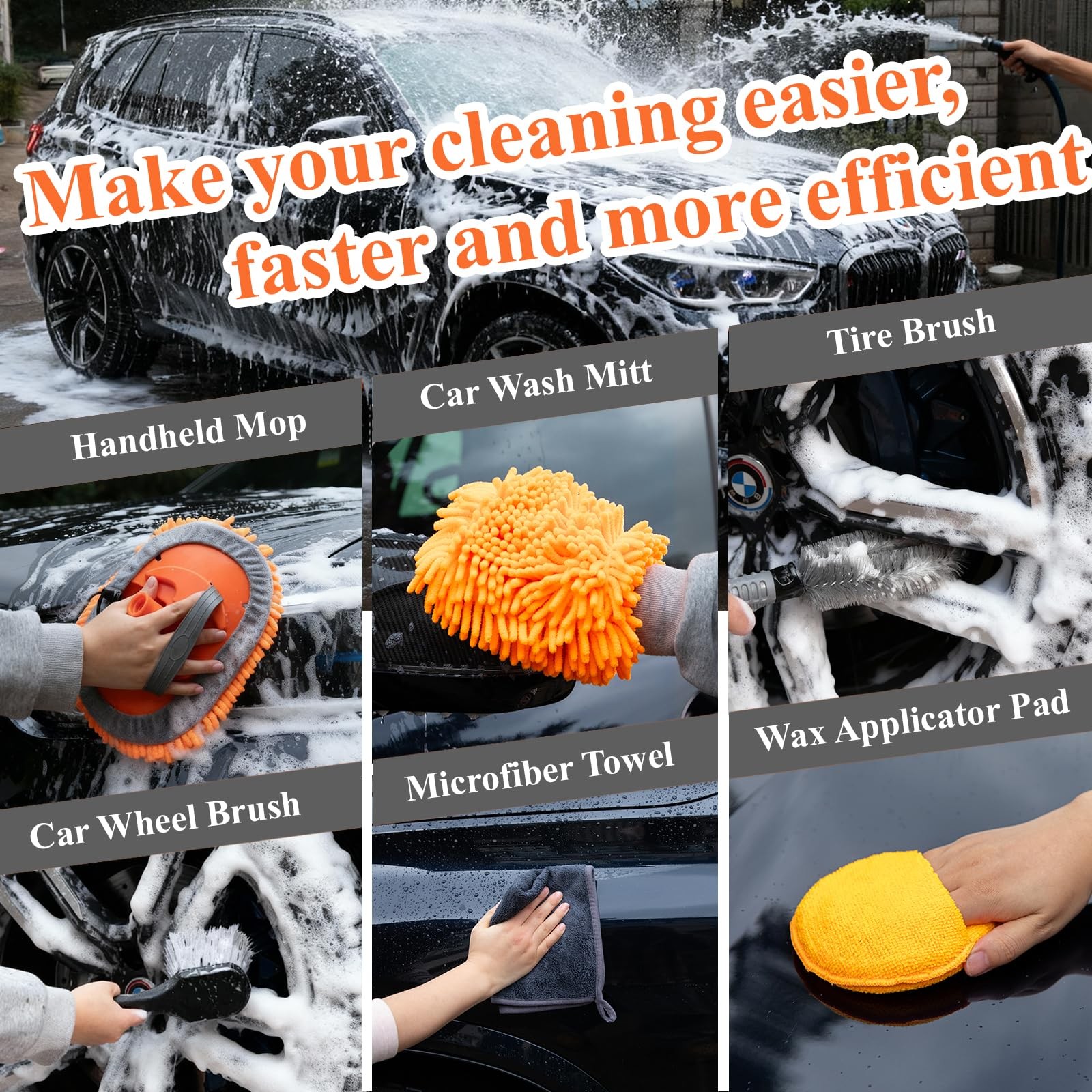 PuliKit 21Pcs Car Wash Kit with 60″ Heavy-Duty Extension Pole, Soft Orange
