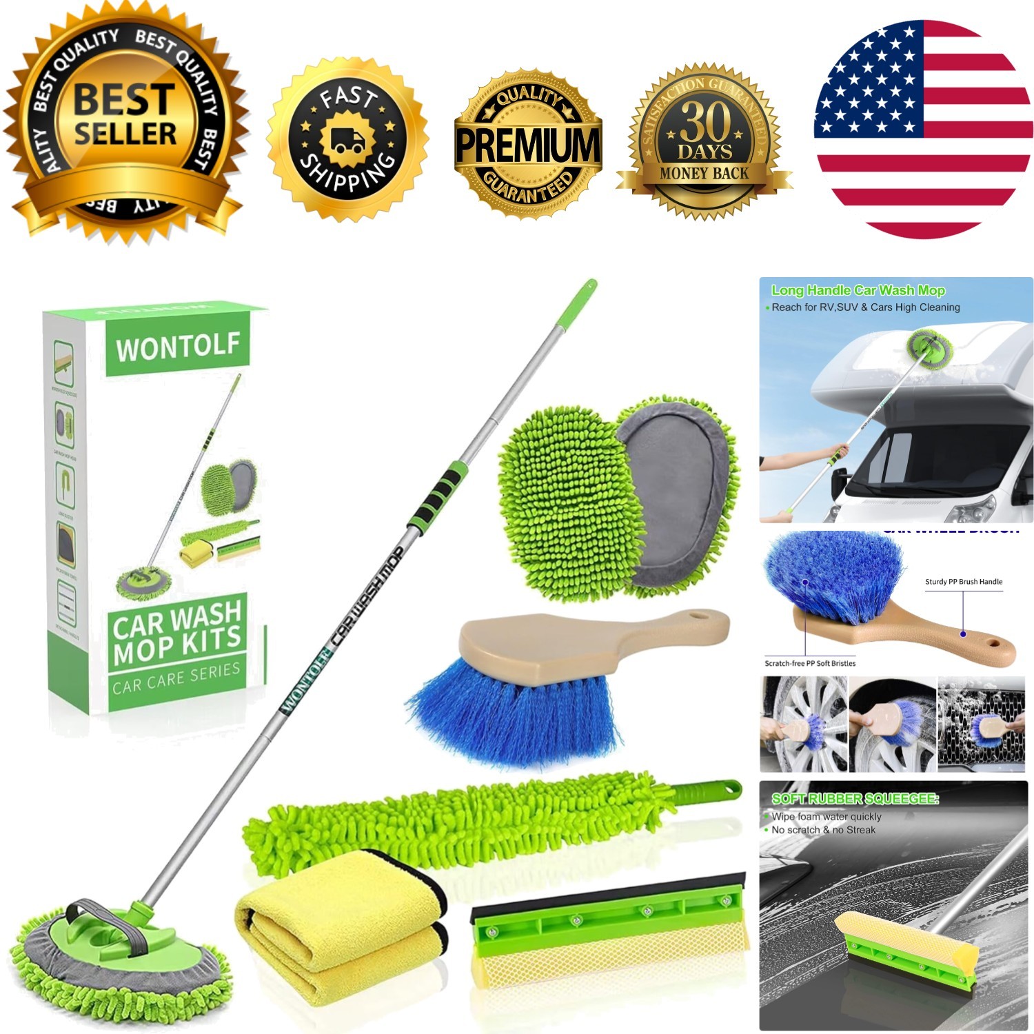 Complete Car Cleaning Kit: 62” Long Handle Brush, Squeegee & Microfiber Towels