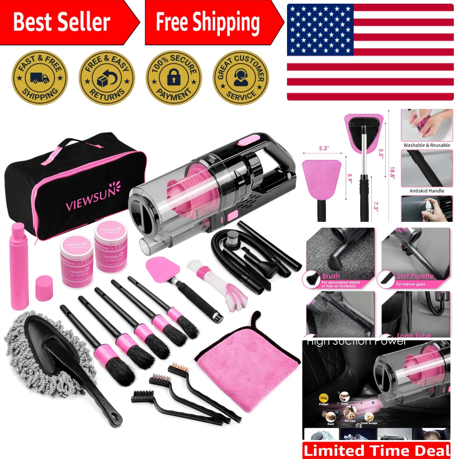 Stylish 17-piece Pink Car Cleaning Kit with High-Power Vacuum & Accessories
