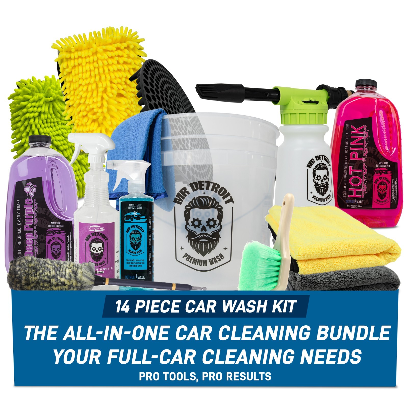 Mr. Detroit – 14pc Exterior Car Wash & Detailing Kit w/ Towels, Brushes, Soap