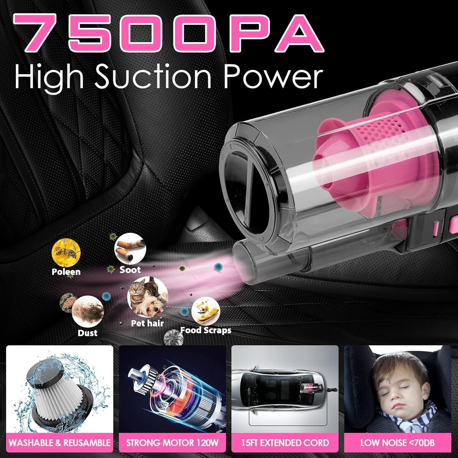Stylish 17-piece Pink Car Cleaning Kit with High-Power Vacuum & Accessories