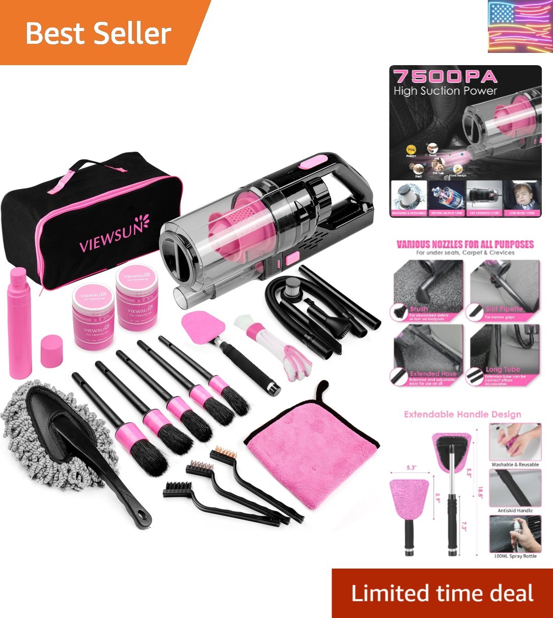 17pcs Car Cleaning Kit, Pink Car Interior Detailing Kit with High Power Handh…