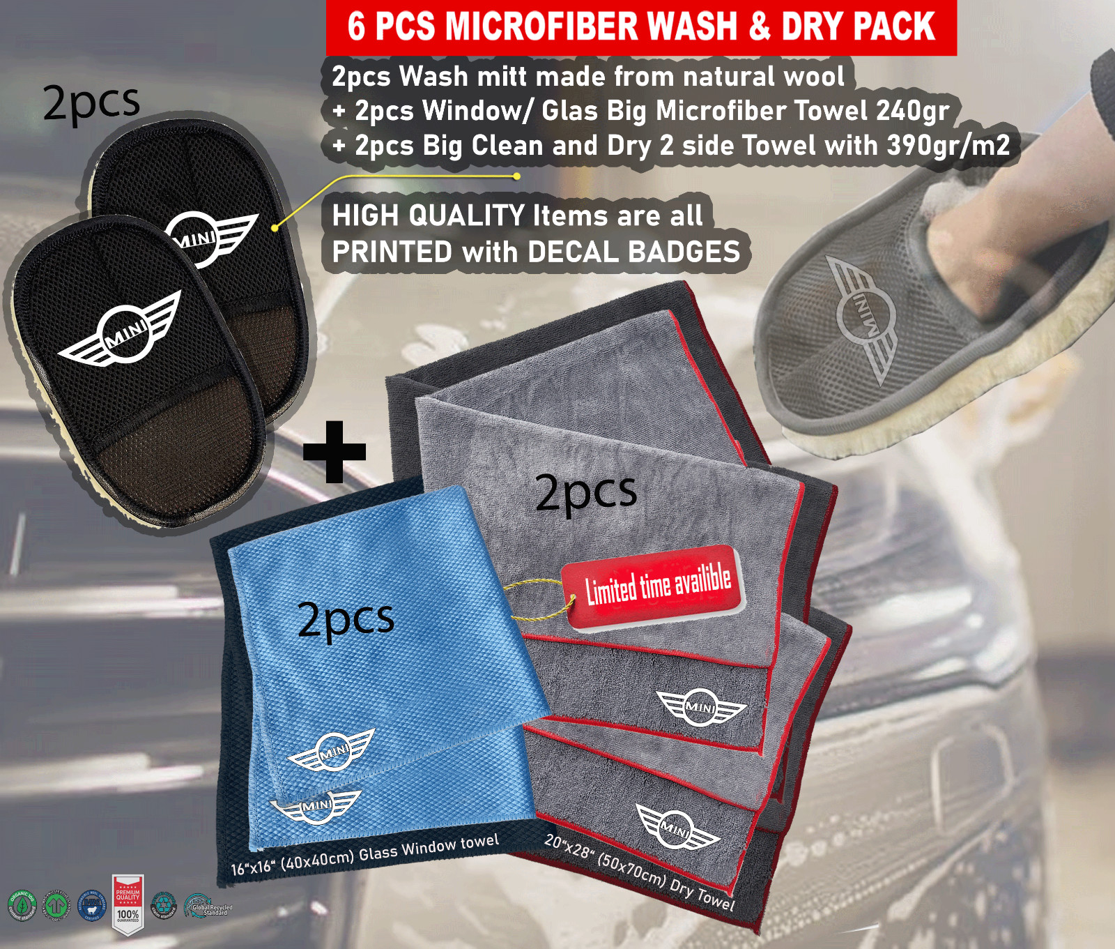 6Pack Car care Microfiber Detailing For Mini Wash Mitt dry Towel Cleaning