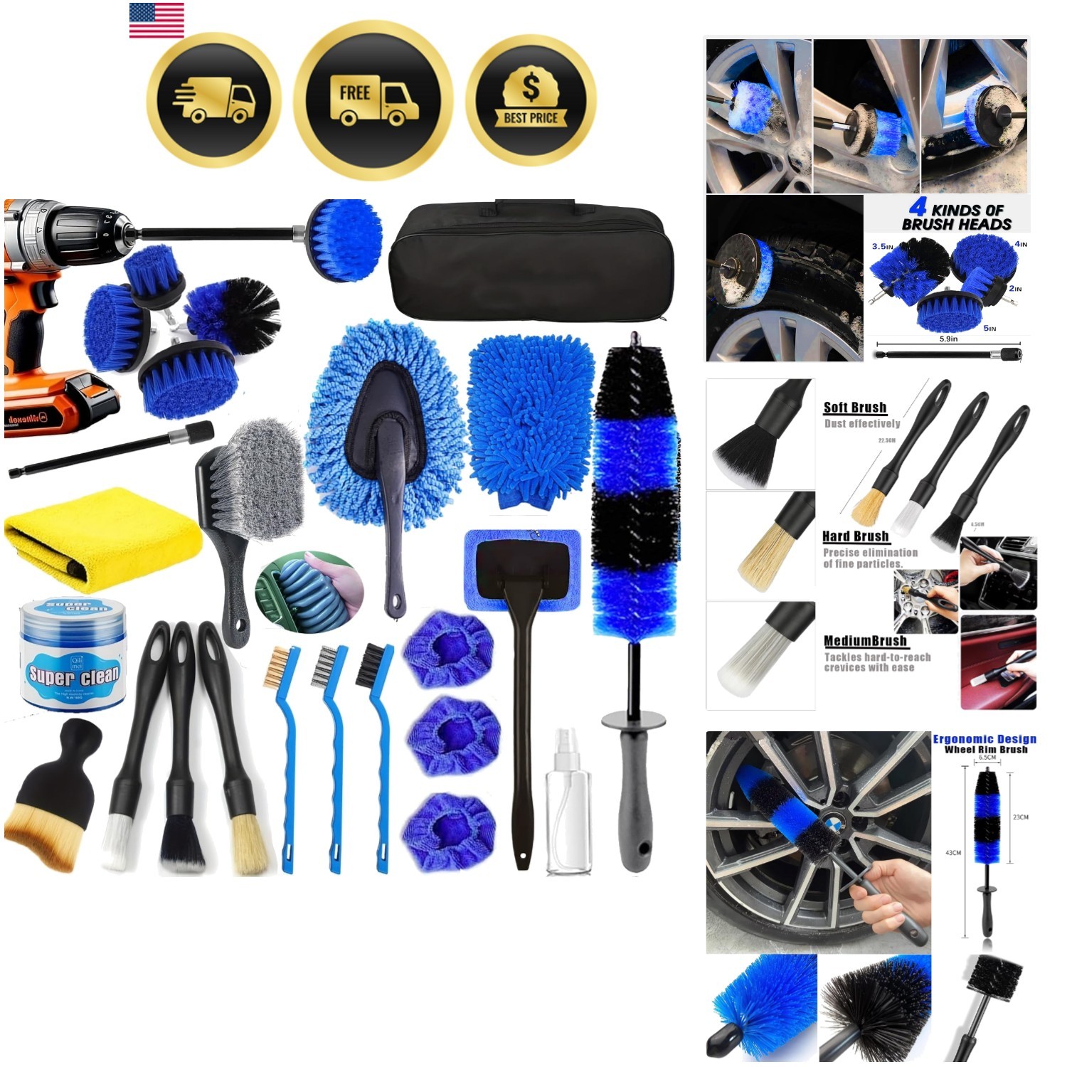 Car Detailing Kit Car Cleaning Brushes Set Auto Wash Tools Interior Exterior